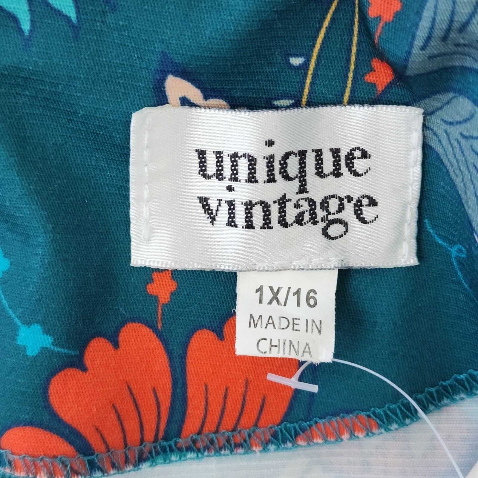 Unique Vintage Teal Floral Retro Fit Flare Swing Dress Cream Collar 1X 16 NWOT - Thumbnail 6