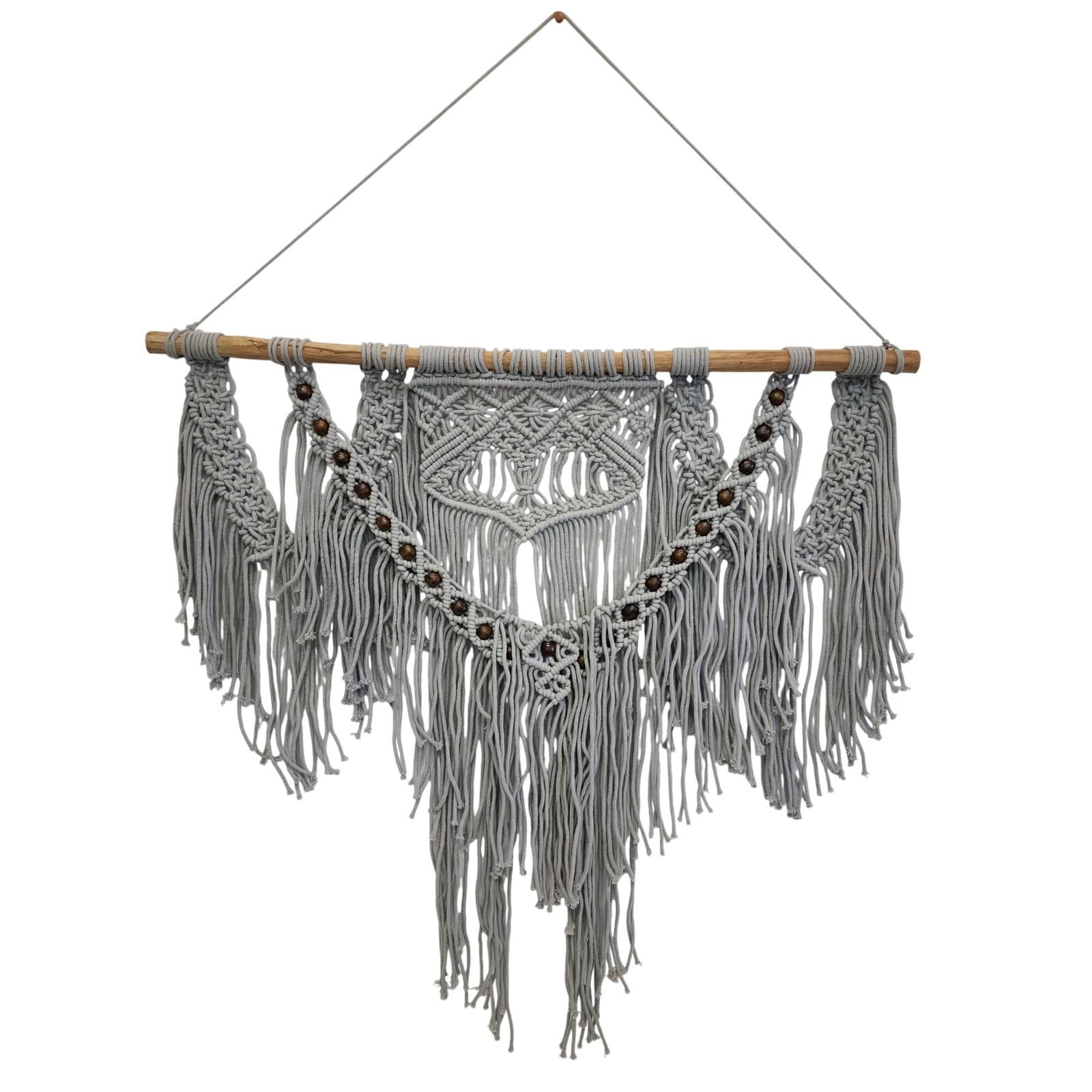 Boho Macrame Wall Hanging Grey Cotton Fringe with Wood Beads and Dowel 31.5x28in