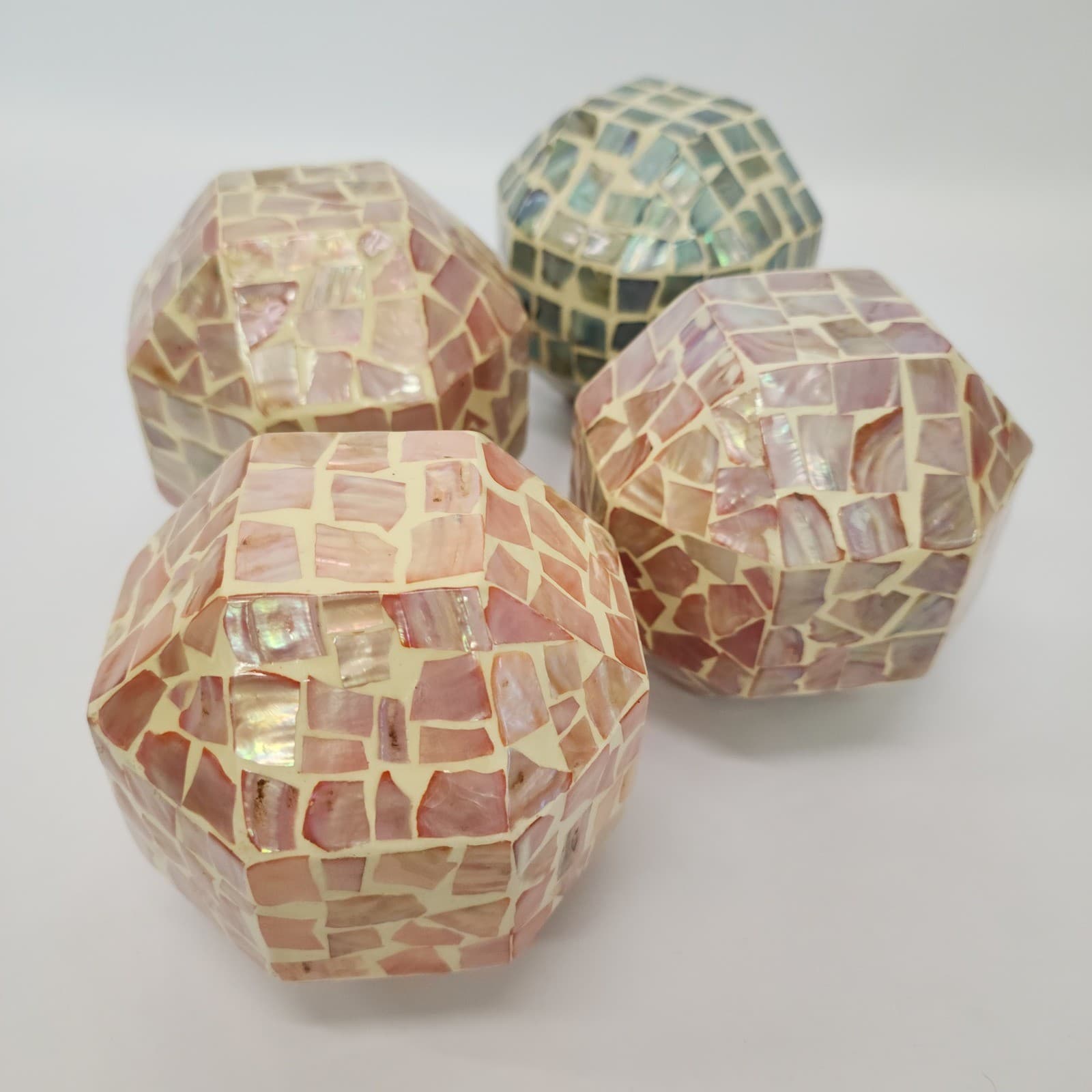 Mother of Pearl Mosaic Decorative Spheres Faceted Geometric Orbs Set of 4 - Thumbnail 2