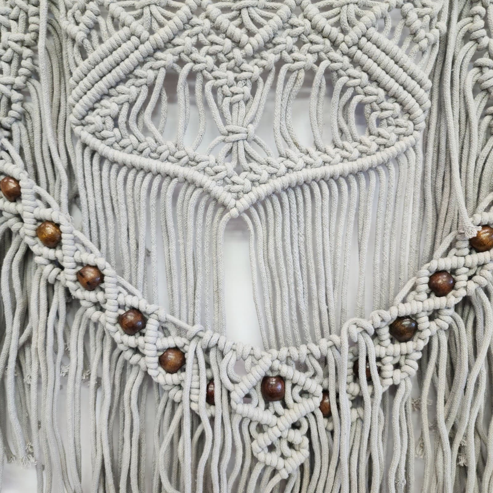 Boho Macrame Wall Hanging Grey Cotton Fringe with Wood Beads and Dowel 31.5x28in - Thumbnail 2