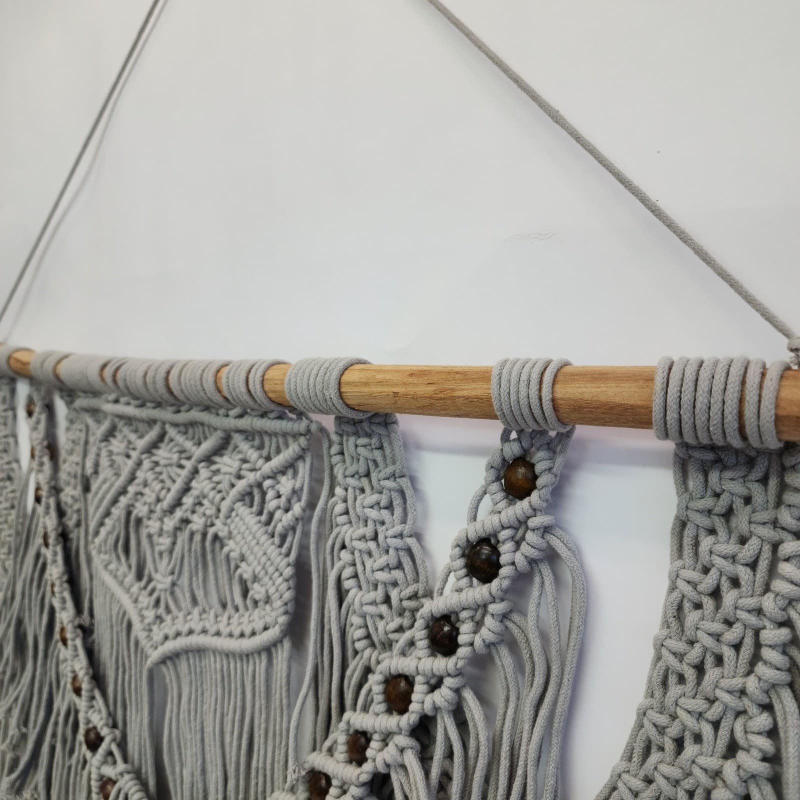 Boho Macrame Wall Hanging Grey Cotton Fringe with Wood Beads and Dowel 31.5x28in - Thumbnail 4