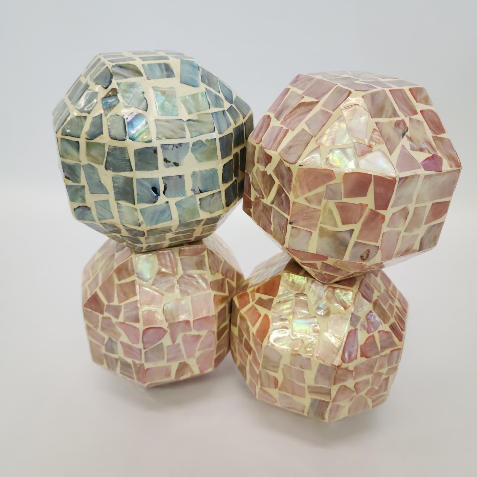 Mother of Pearl Mosaic Decorative Spheres Faceted Geometric Orbs Set of 4 - Thumbnail 4