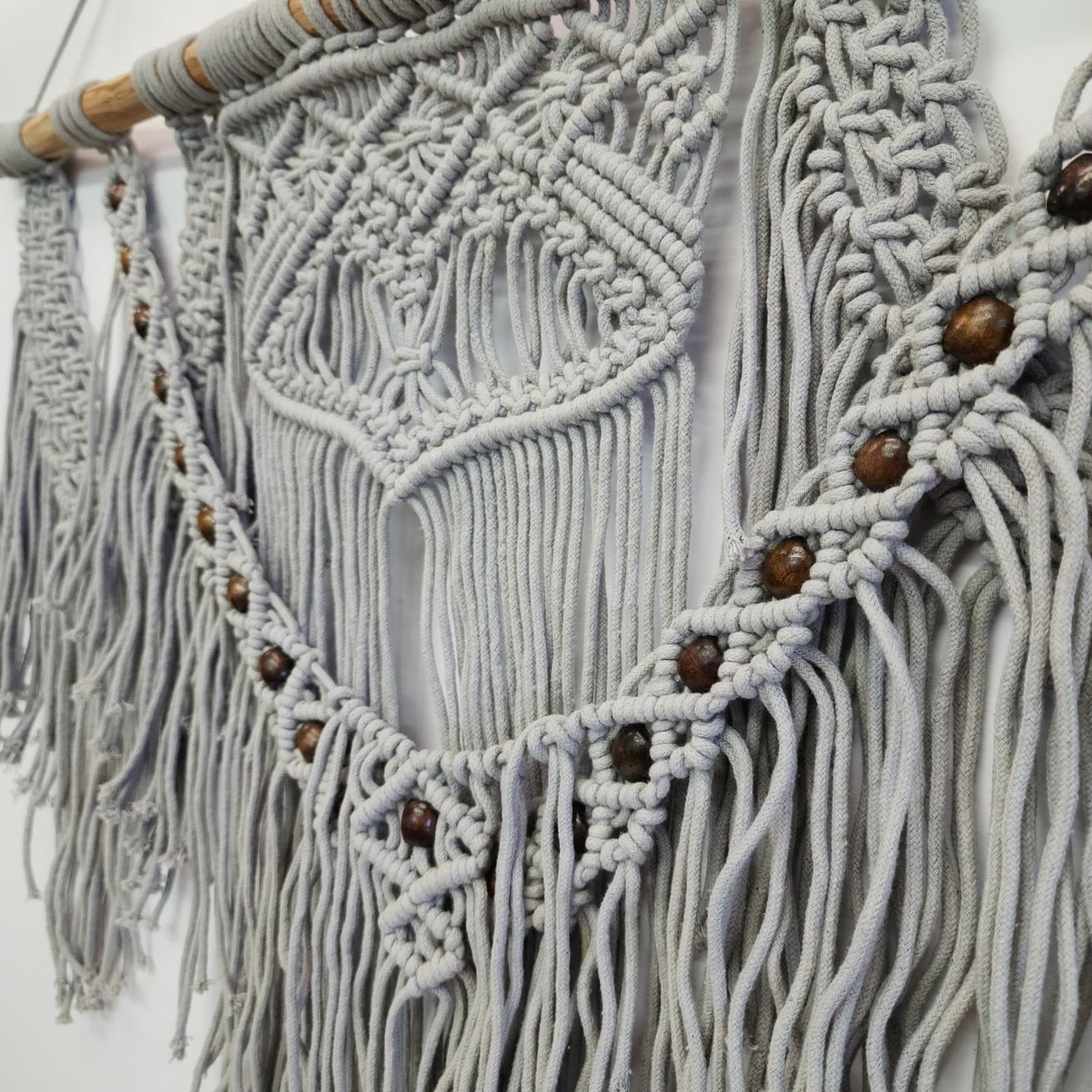 Boho Macrame Wall Hanging Grey Cotton Fringe with Wood Beads and Dowel 31.5x28in - Thumbnail 3
