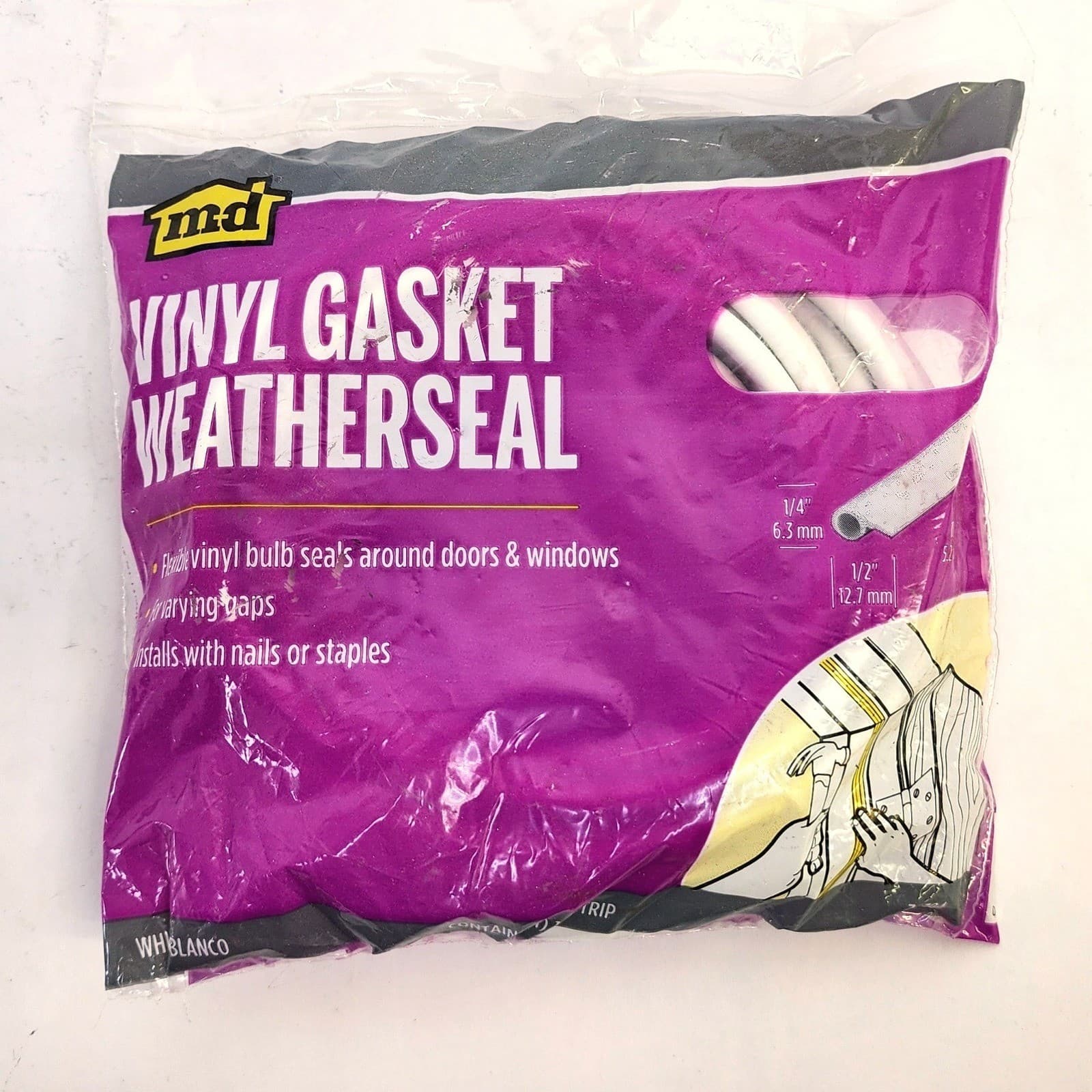 MD White Vinyl Gasket Weatherseal 1/2" x 1/4" 17ft Door Window Seal 78394