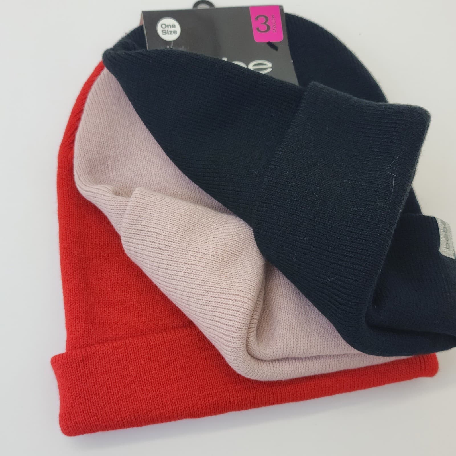 Bebe Beanie Hats 3 Pack Black Red Pink Ribbed Knit Cuffed Winter Cap One Size - Thumbnail 2