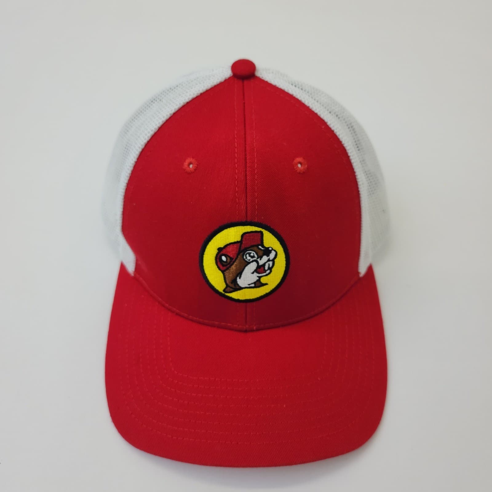 Buc-ees Trucker Hat Red White Mesh Snapback Baseball Cap Beaver Mascot Logo