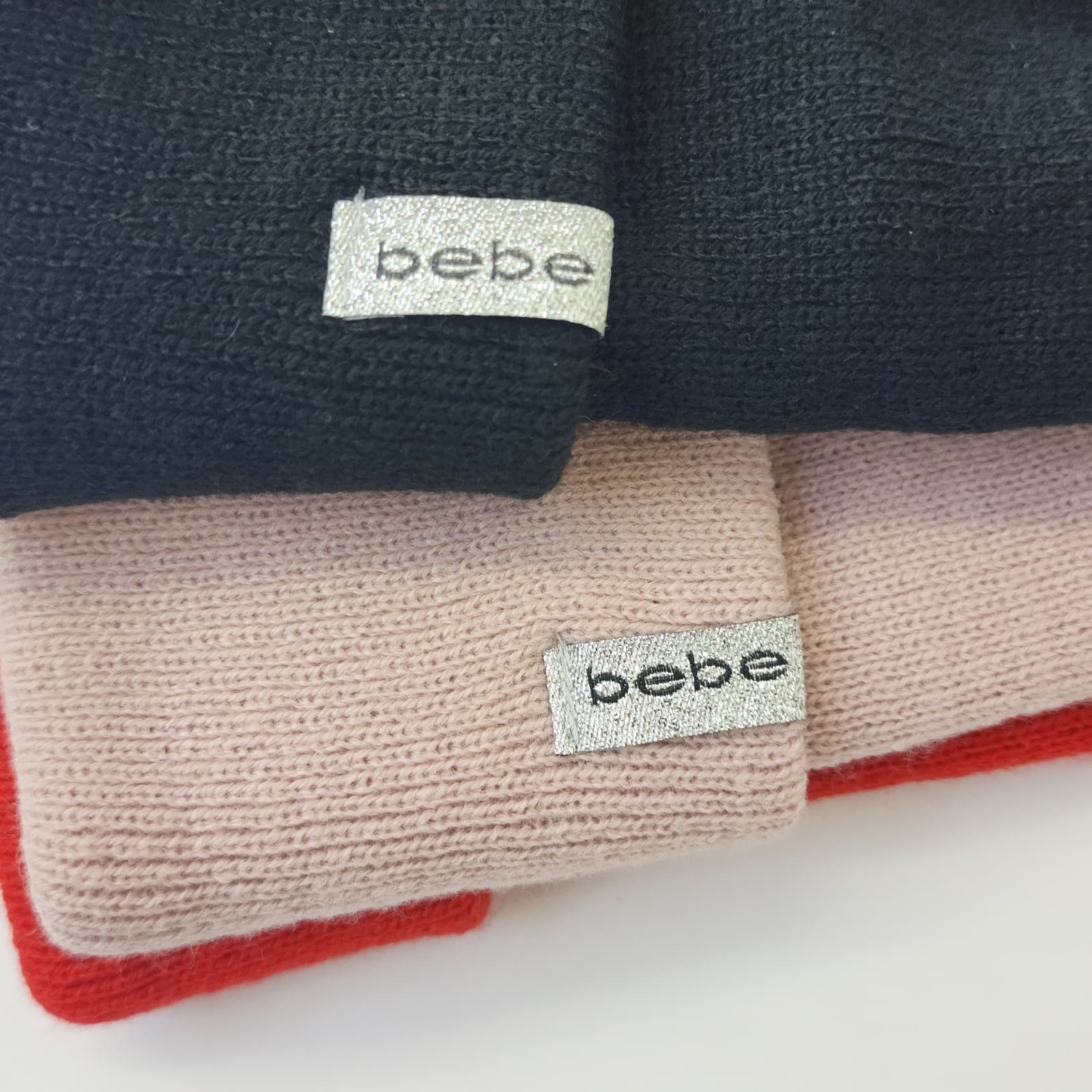 Bebe Beanie Hats 3 Pack Black Red Pink Ribbed Knit Cuffed Winter Cap One Size - Thumbnail 5