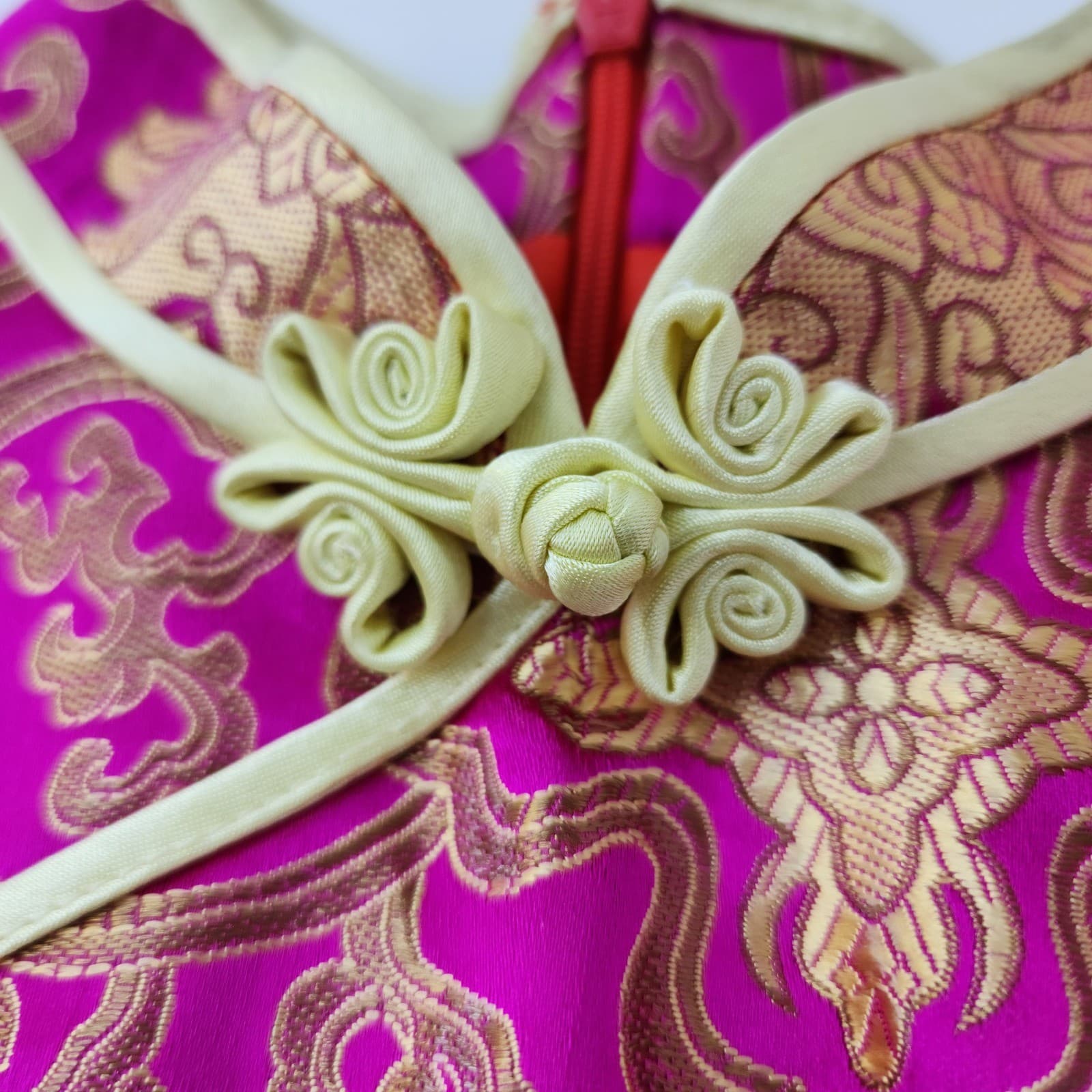 Magenta Pink Gold Brocade Cheongsam Qipao Dress Sleeveless Mandarin Collar Frog - Thumbnail 6