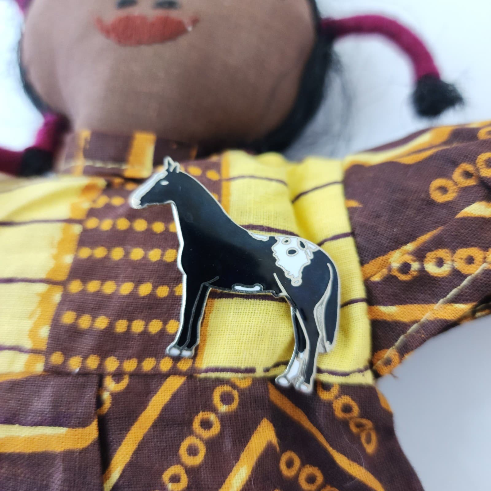 Handmade Folk Art Cloth Doll Yellow Brown Patterned Dress Horse Pin 6oz - Thumbnail 5