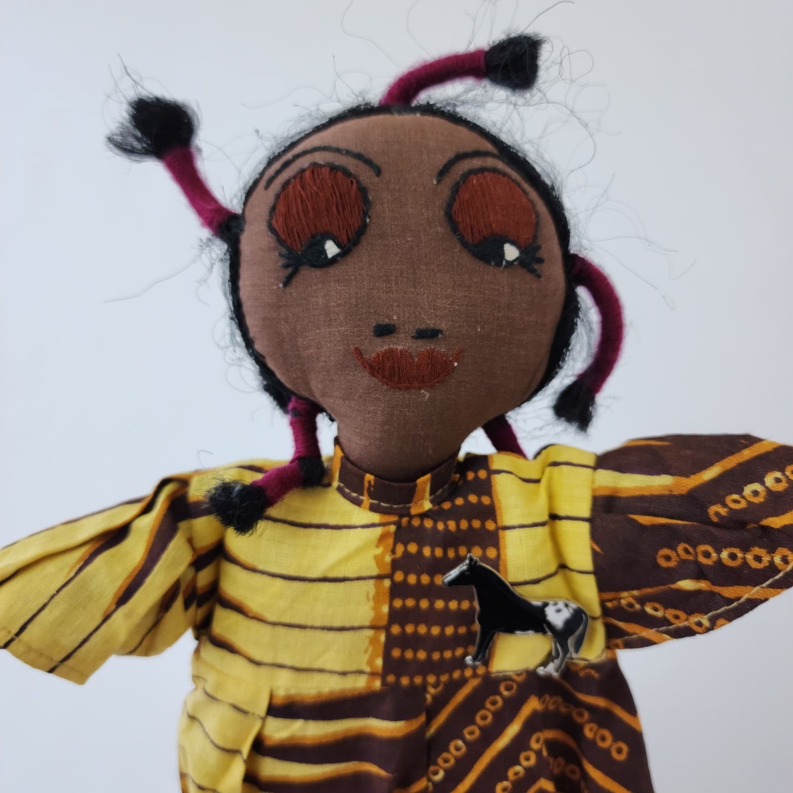 Handmade Folk Art Cloth Doll Yellow Brown Patterned Dress Horse Pin 6oz - Thumbnail 2