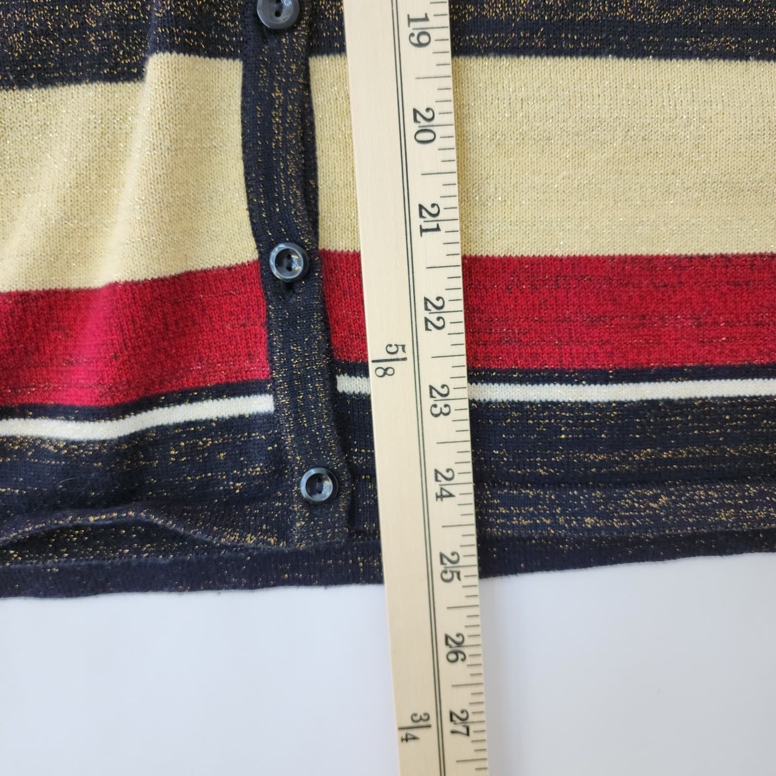 First Issue Liz Claiborne Cardigan Sweater L Striped Metallic Gold Red Black - Thumbnail 2