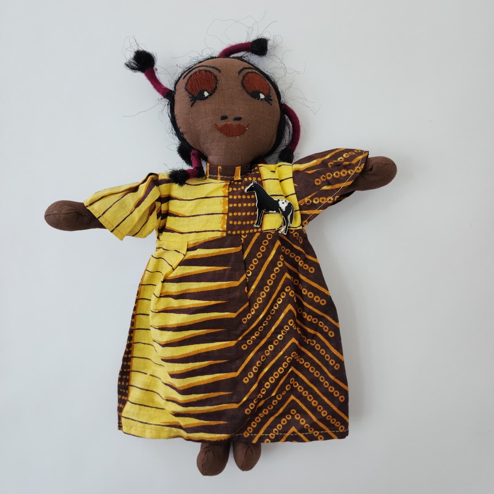 Handmade Folk Art Cloth Doll Yellow Brown Patterned Dress Horse Pin 6oz