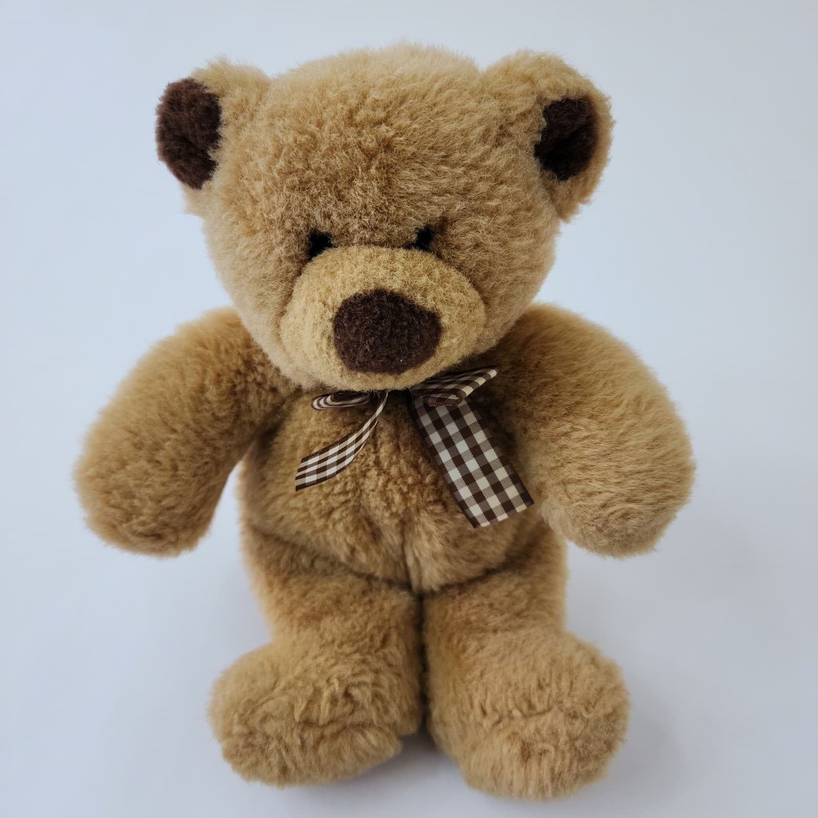 Classic Tan Plush Teddy Bear with Gingham Checkered Bow 10 Inch Stuffed Animal