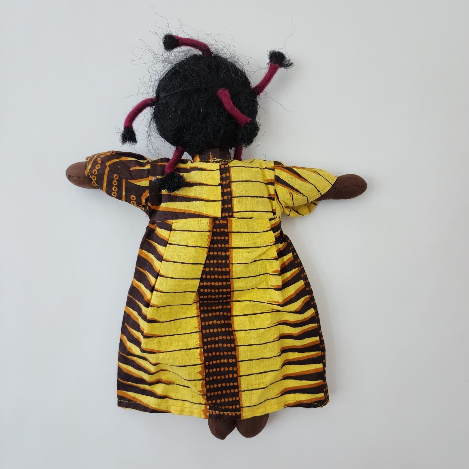 Handmade Folk Art Cloth Doll Yellow Brown Patterned Dress Horse Pin 6oz - Thumbnail 3