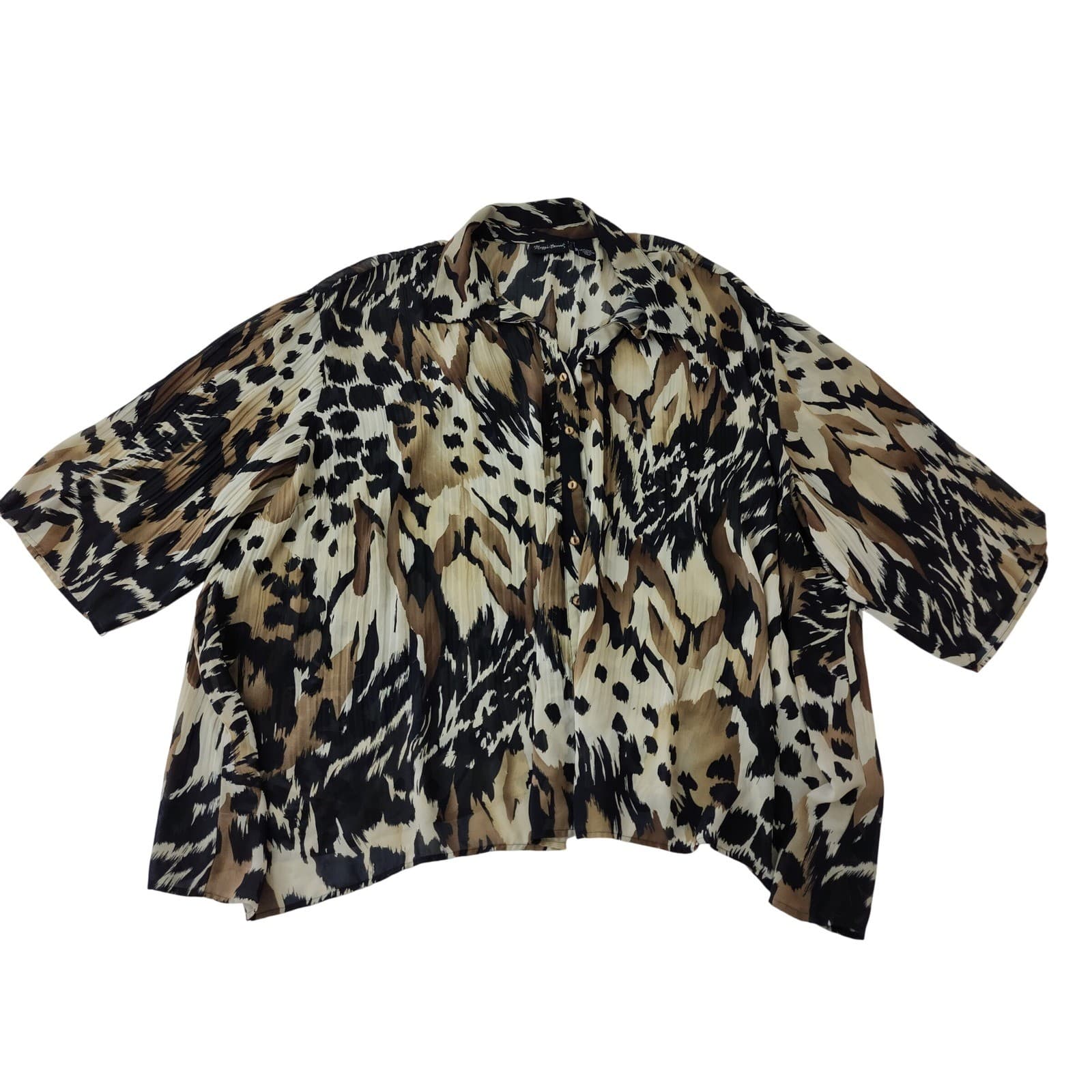 Maggie Barnes Womens 5X Animal Print Pleated Button Up Blouse Short Sleeve Tan