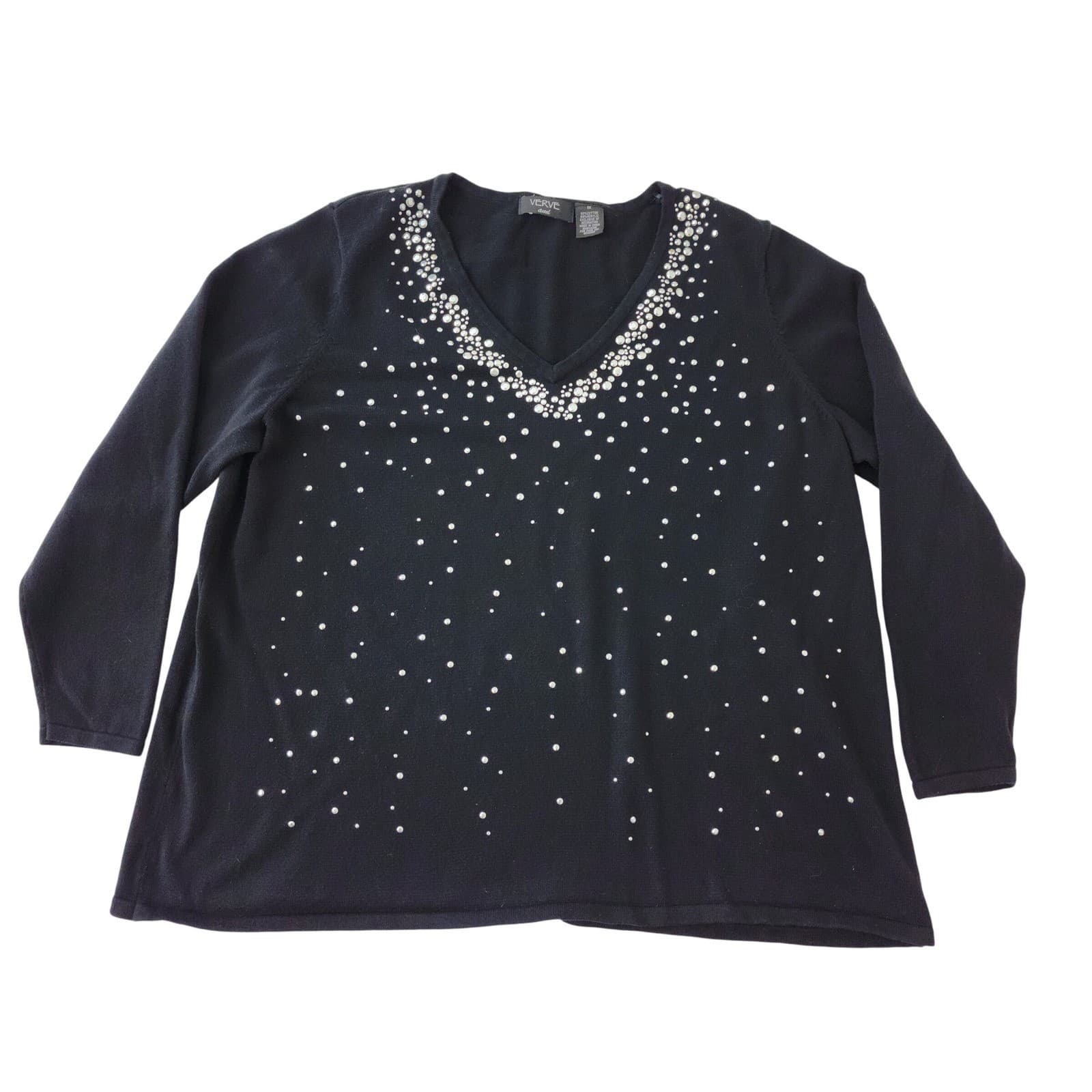 Verve Ami Womens 1X Black Rhinestone Embellished V-Neck Knit Sweater Top