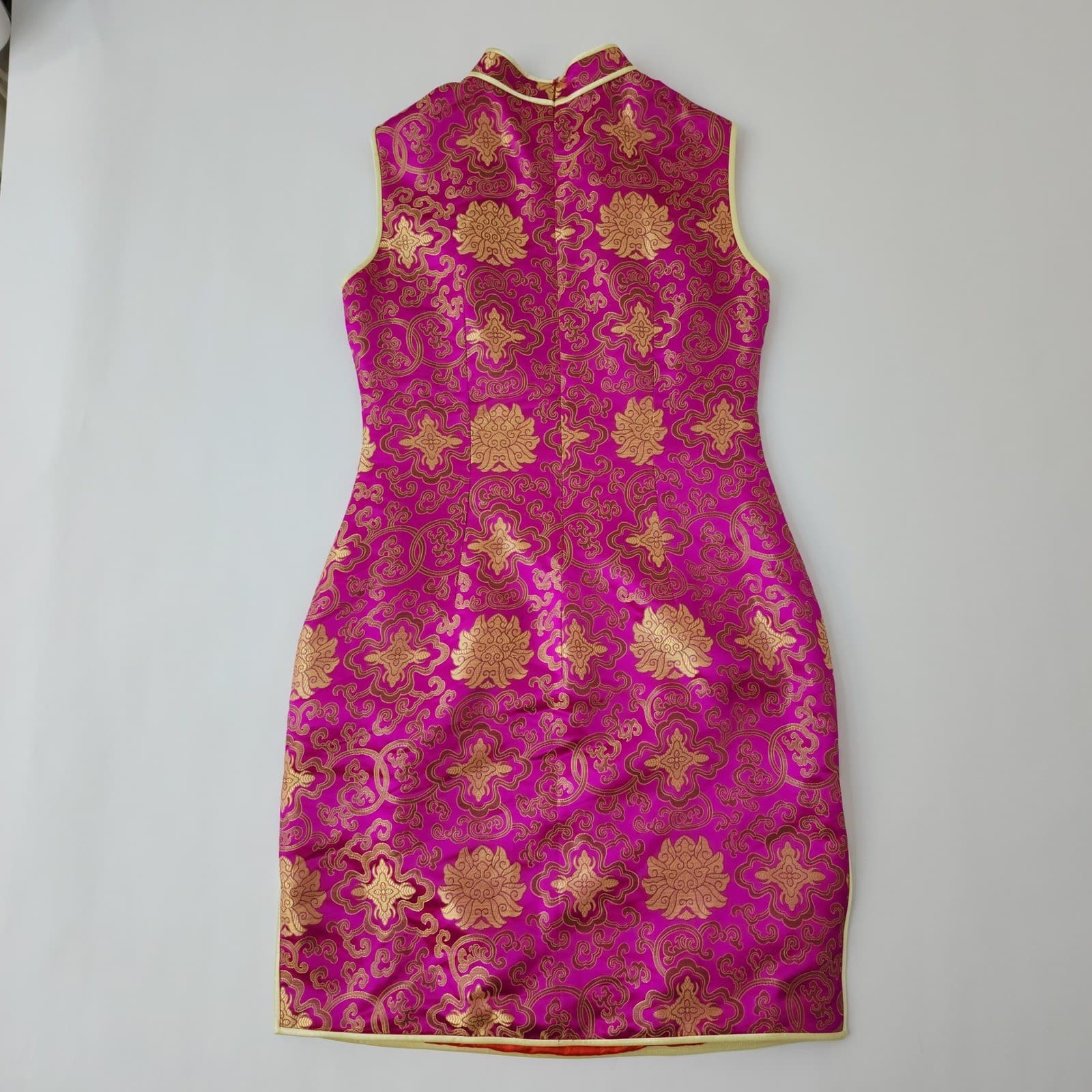 Magenta Pink Gold Brocade Cheongsam Qipao Dress Sleeveless Mandarin Collar Frog - Thumbnail 9