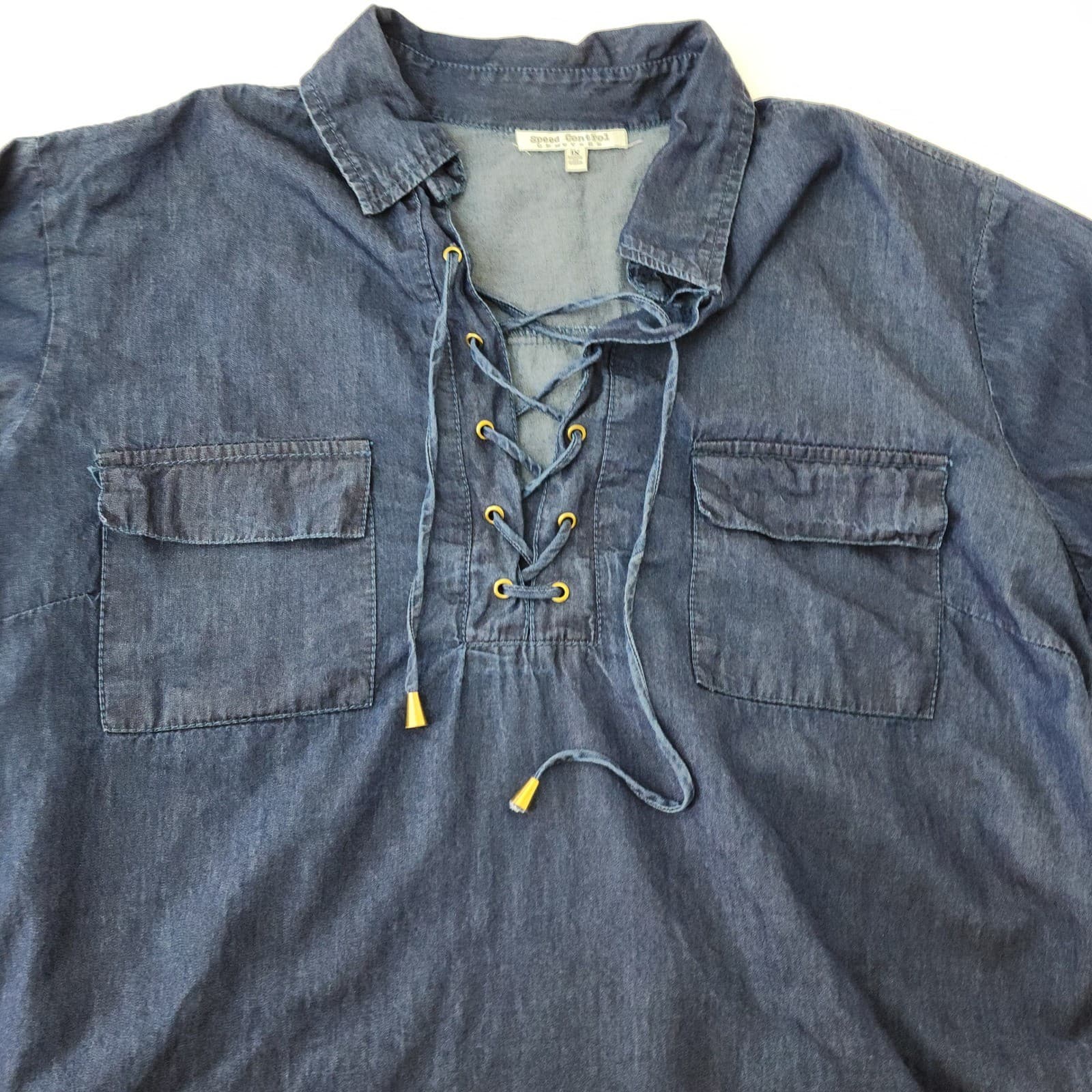 Speed Control New York Denim Lace Up Tunic Shirt Dark Wash Blue Womens 1X - Thumbnail 7