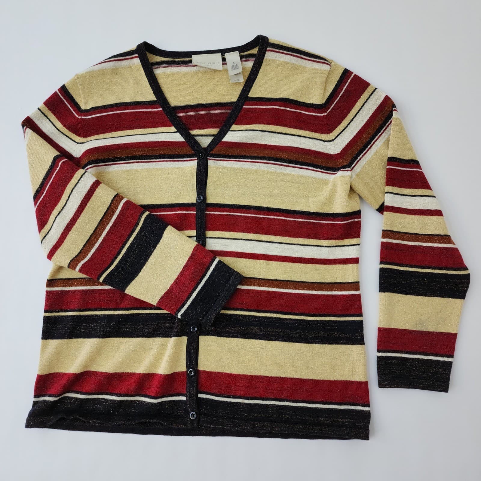 First Issue Liz Claiborne Cardigan Sweater L Striped Metallic Gold Red Black