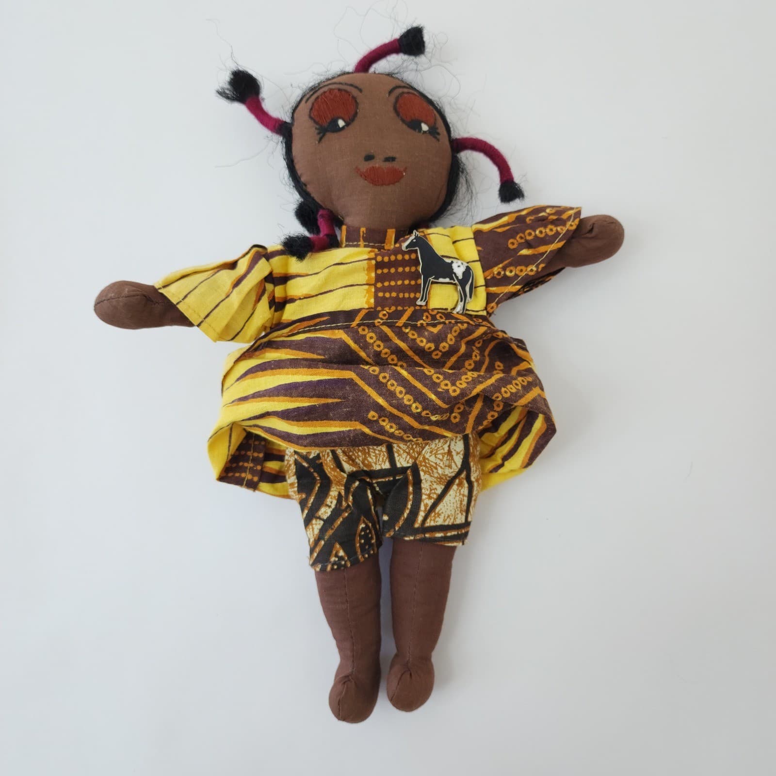 Handmade Folk Art Cloth Doll Yellow Brown Patterned Dress Horse Pin 6oz - Thumbnail 4