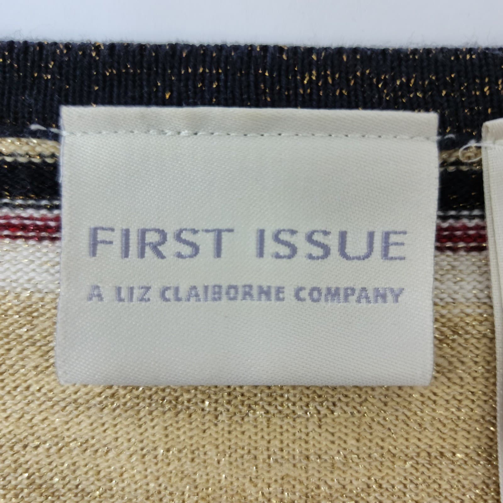 First Issue Liz Claiborne Cardigan Sweater L Striped Metallic Gold Red Black - Thumbnail 7