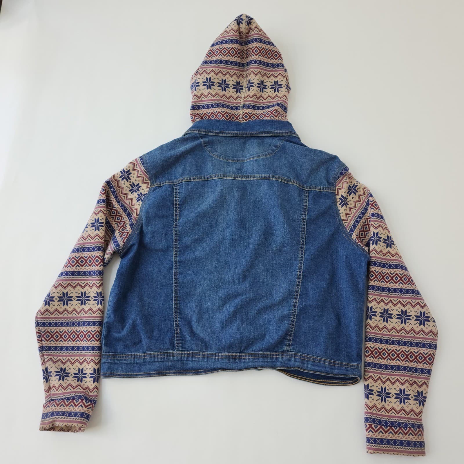 No Boundaries Fair Isle Knit Sleeve Hooded Denim Jacket Blue Wash - Thumbnail 8
