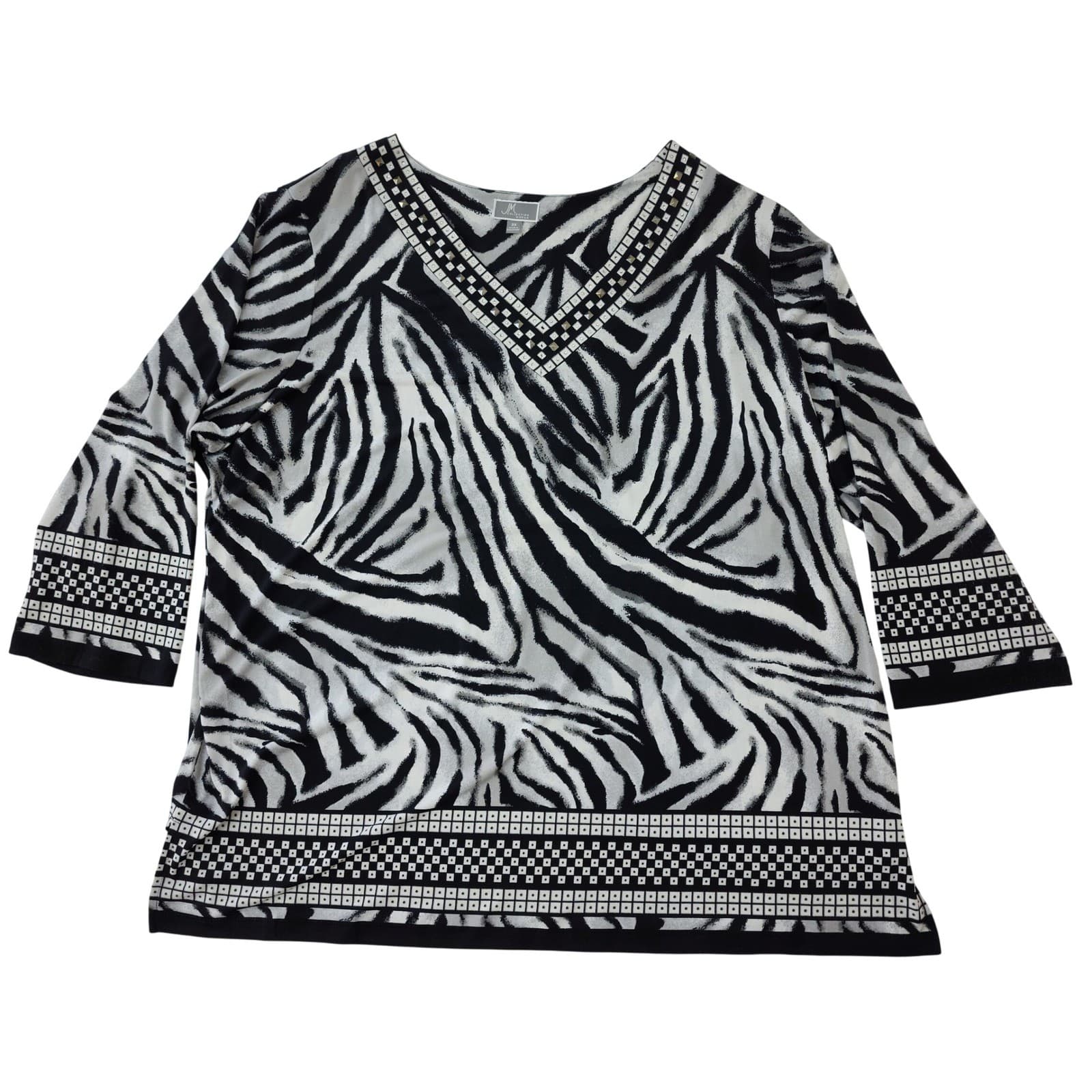 JM Collection Woman Zebra Print V-Neck Studded Top Black White 3X 3/4 Sleeve