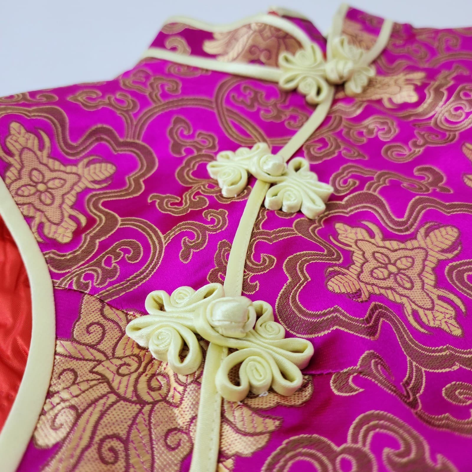 Magenta Pink Gold Brocade Cheongsam Qipao Dress Sleeveless Mandarin Collar Frog - Thumbnail 7