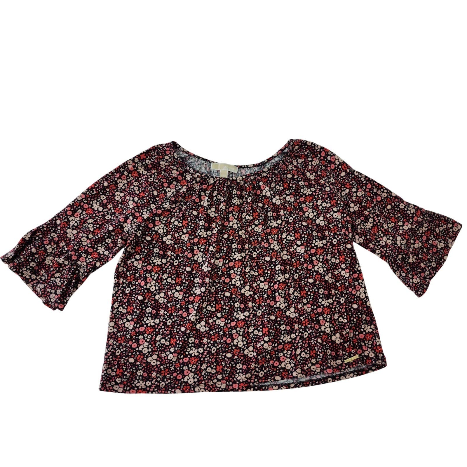 Michael Michael Kors Womens Large Floral Bell Sleeve Blouse Pink Red Black Top