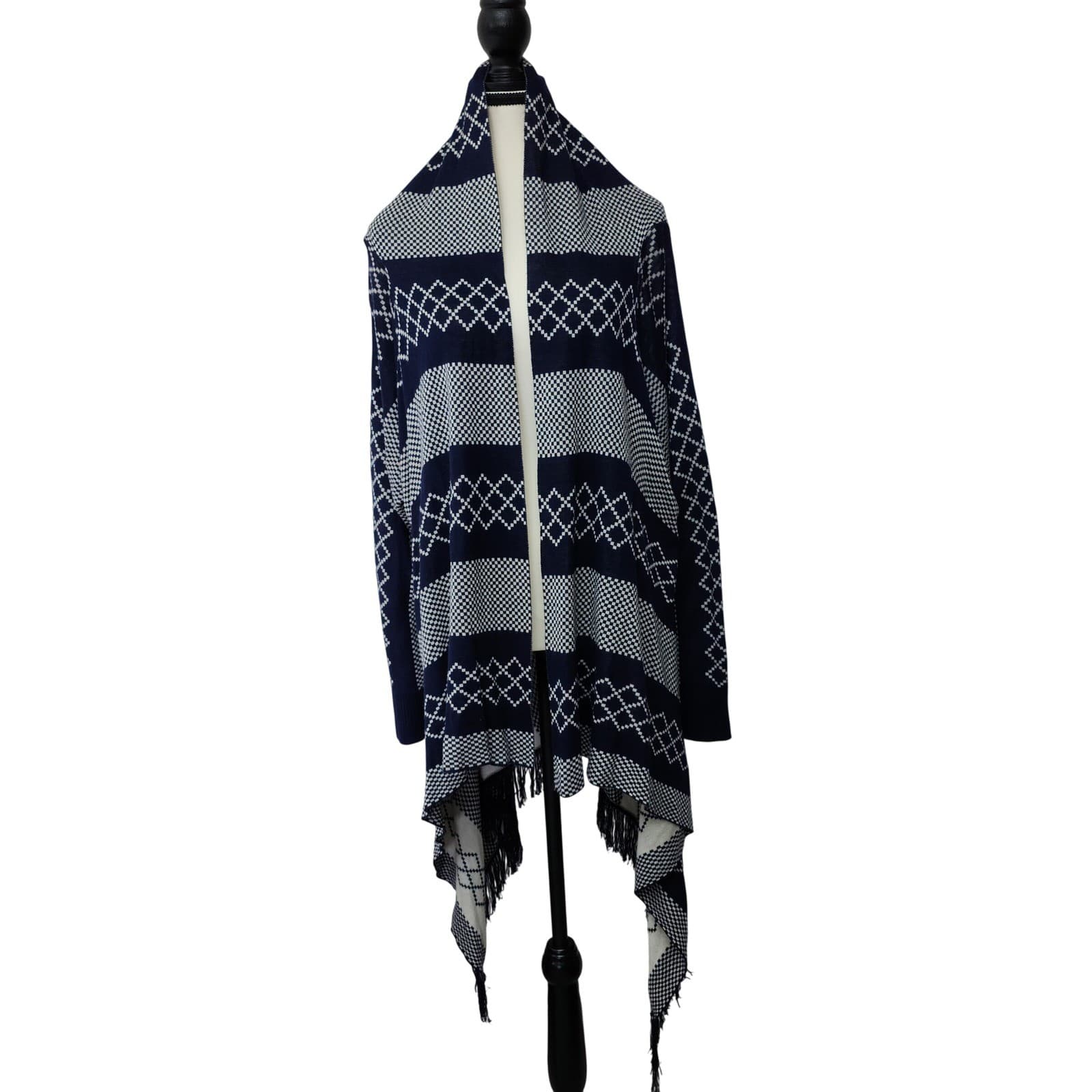 Mia Maddison Plus Navy Blue White Geometric Fringe Sharkbite Cardigan Sweater 3X - Thumbnail 2