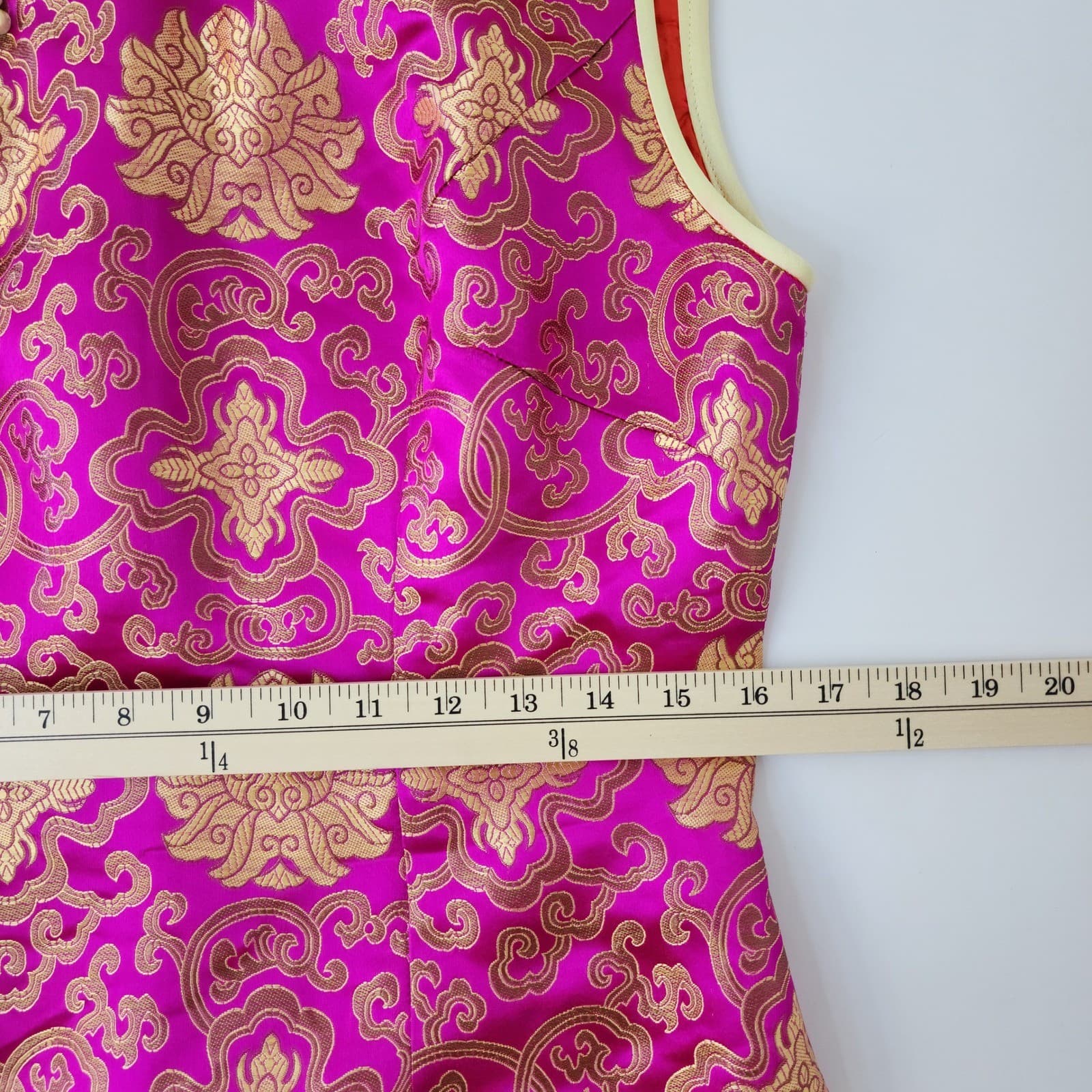 Magenta Pink Gold Brocade Cheongsam Qipao Dress Sleeveless Mandarin Collar Frog - Thumbnail 3