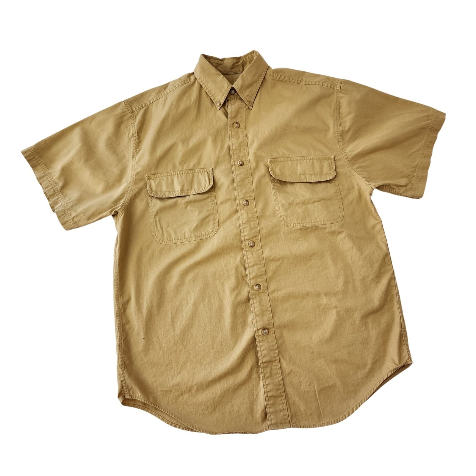 Mens Tan Khaki 100% Cotton Short Sleeve Button Down Shirt Small TS 269