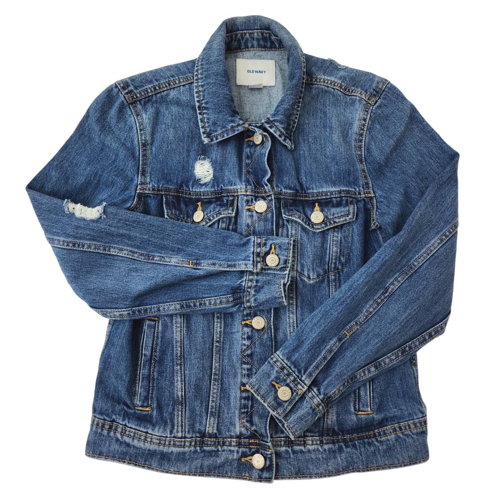 Old Navy Women's Distressed Denim Jacket Medium Wash Blue Jean Jacket Size S