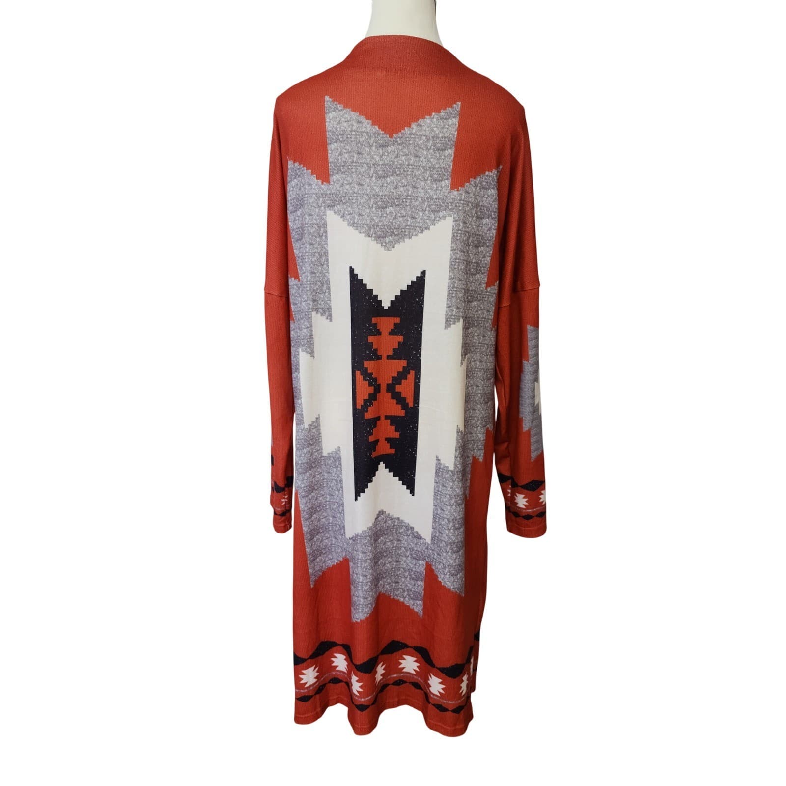Southwestern Geometric Longline Duster Cardigan Rust Orange Grey Cream Size M - Thumbnail 3
