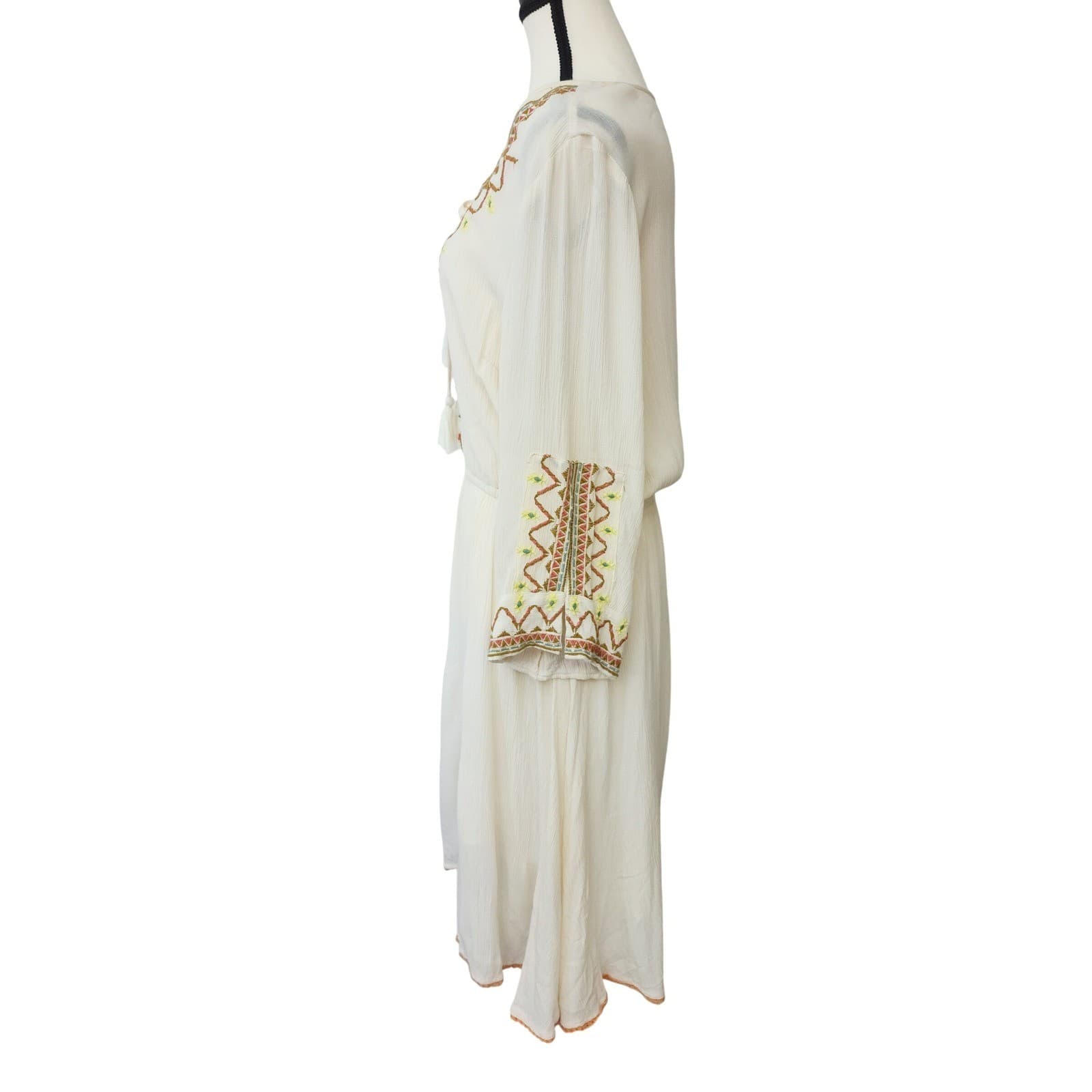 J Lee Boho Embroidered Tassel Tie Gauze Mini Dress Cream Plus Size 1X - Thumbnail 6