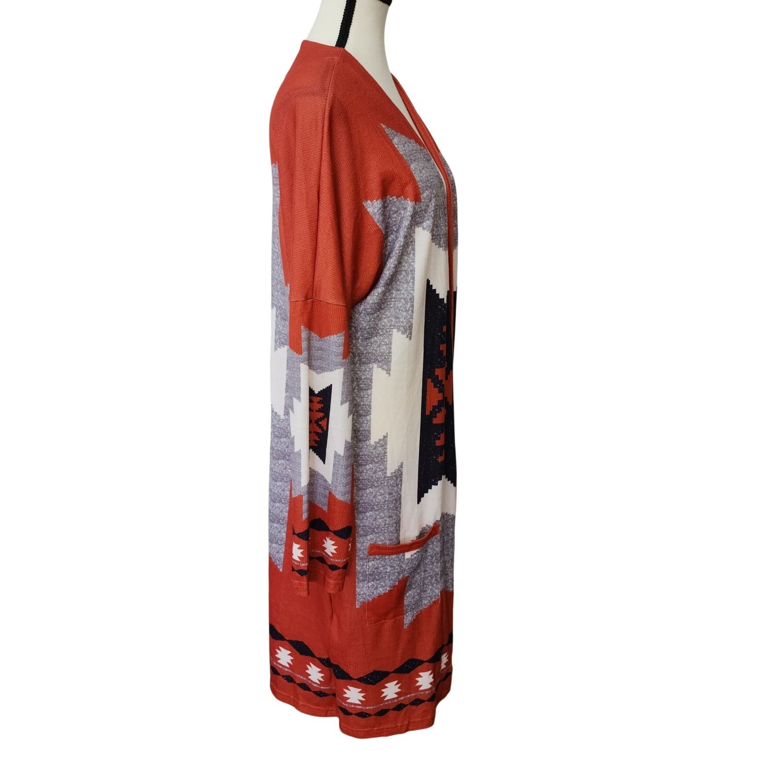 Southwestern Geometric Longline Duster Cardigan Rust Orange Grey Cream Size M - Thumbnail 4