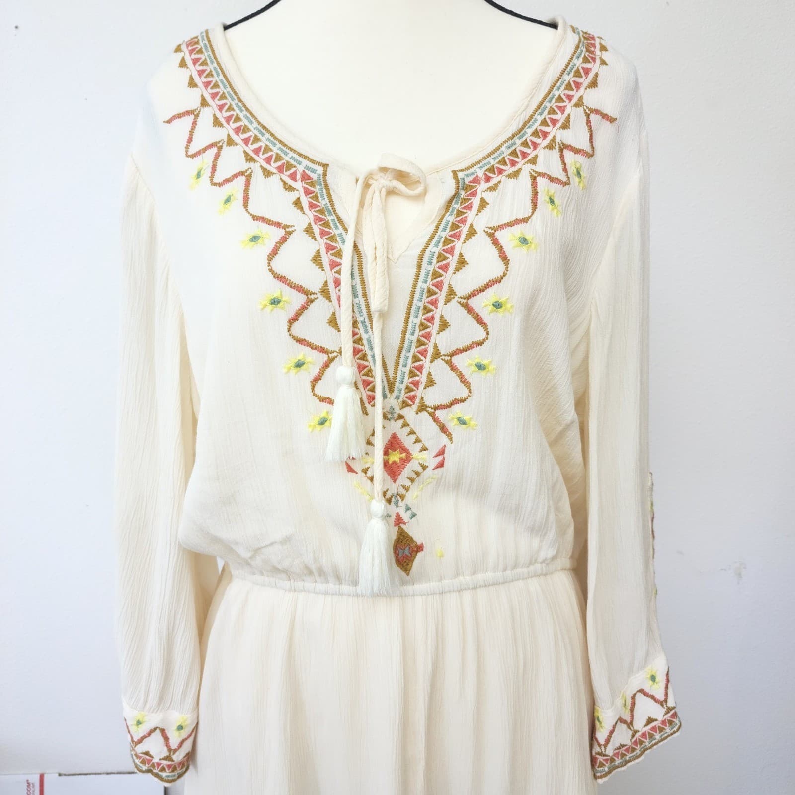 J Lee Boho Embroidered Tassel Tie Gauze Mini Dress Cream Plus Size 1X - Thumbnail 2