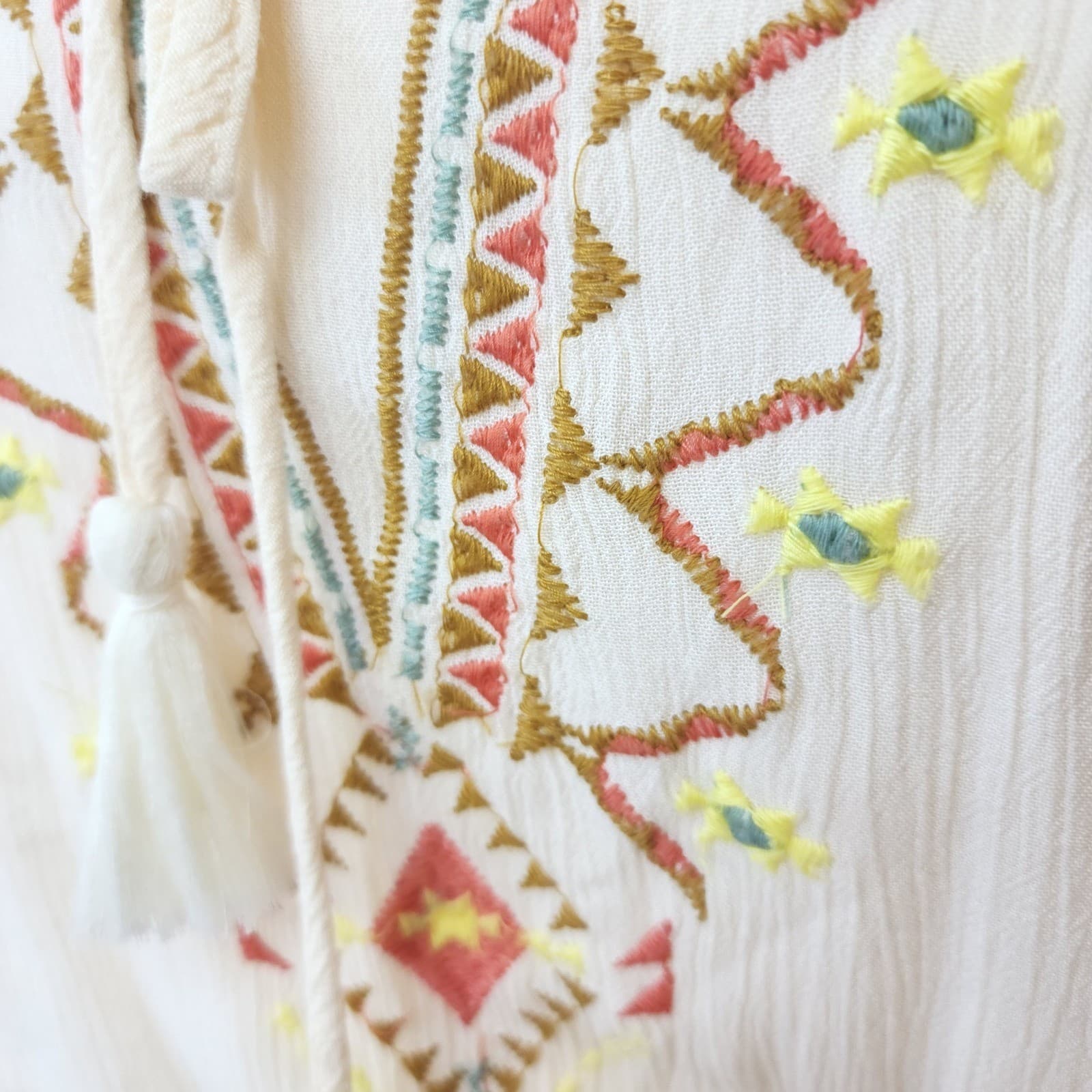 J Lee Boho Embroidered Tassel Tie Gauze Mini Dress Cream Plus Size 1X - Thumbnail 3