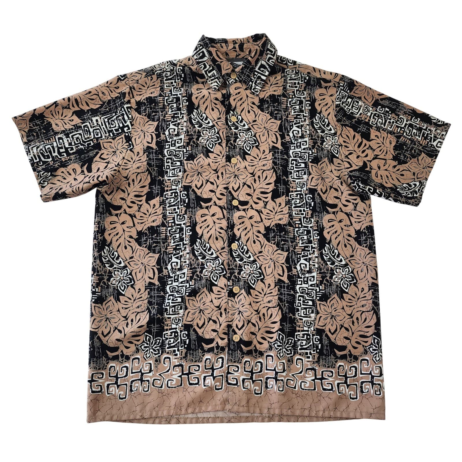 Extreme Gear Mens Small Tropical Monstera Print Button Down Shirt Tan