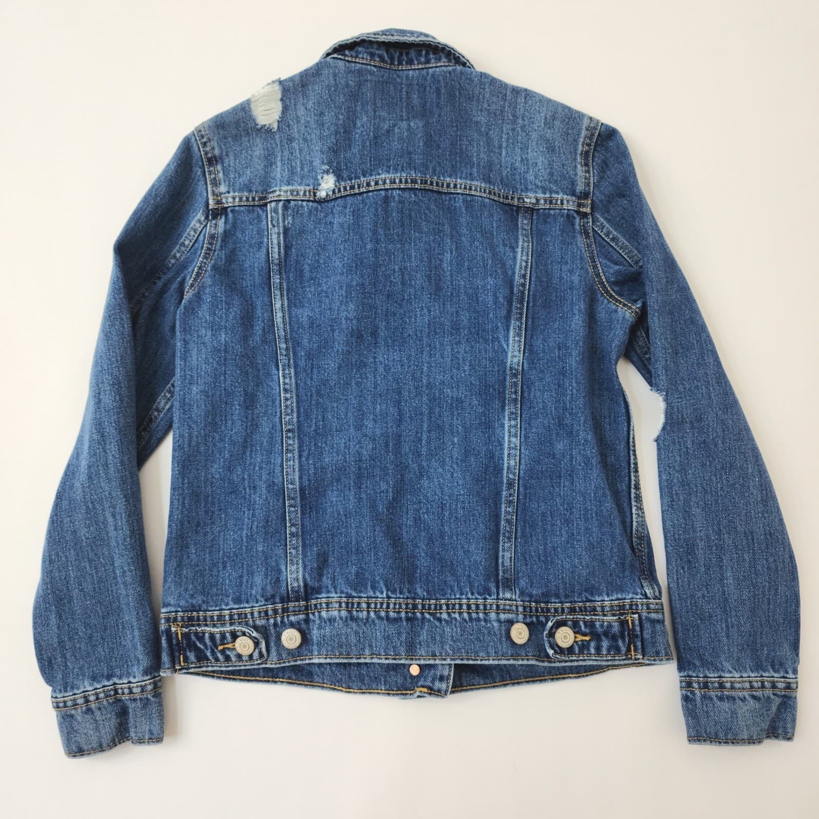 Old Navy Women's Distressed Denim Jacket Medium Wash Blue Jean Jacket Size S - Thumbnail 2