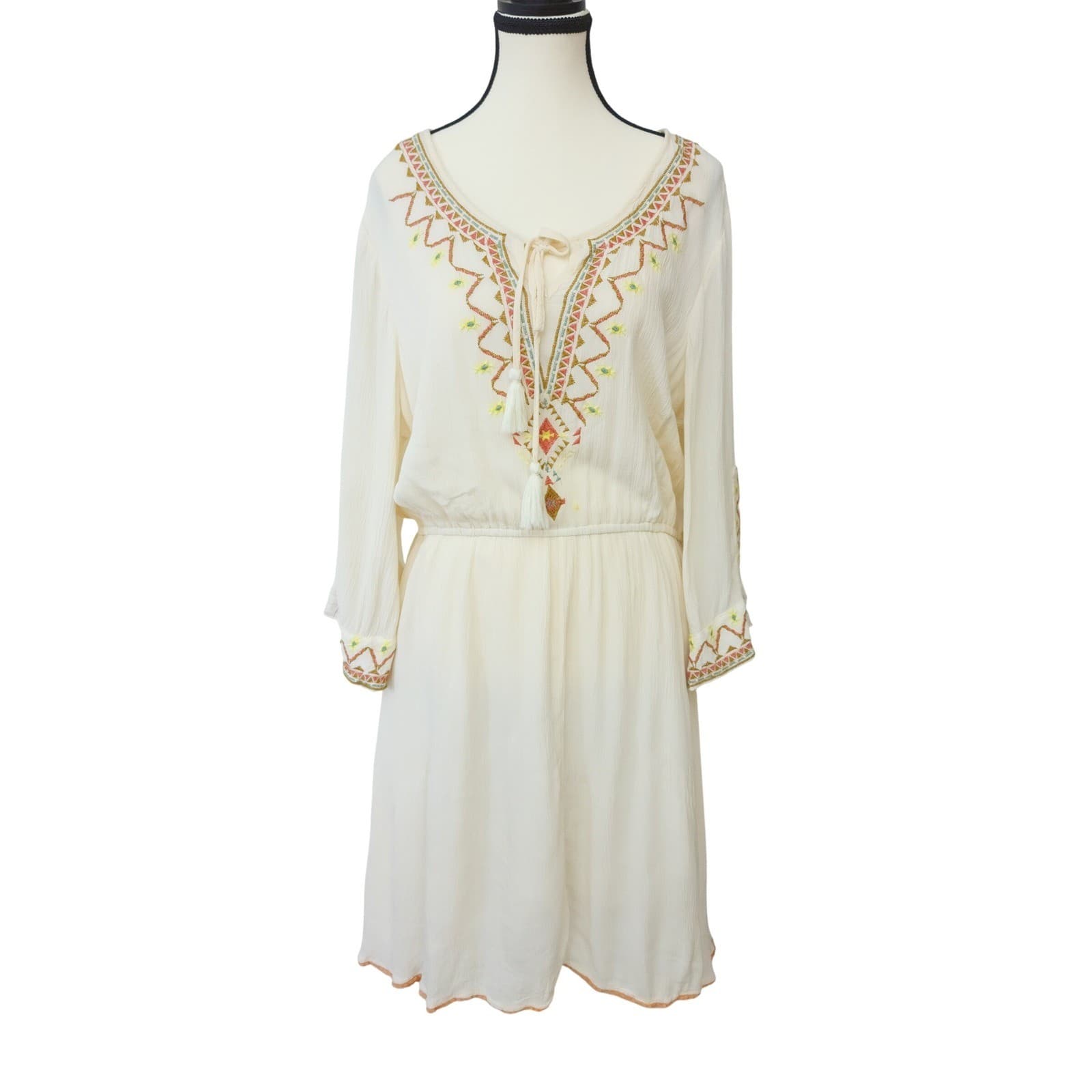 J Lee Boho Embroidered Tassel Tie Gauze Mini Dress Cream Plus Size 1X