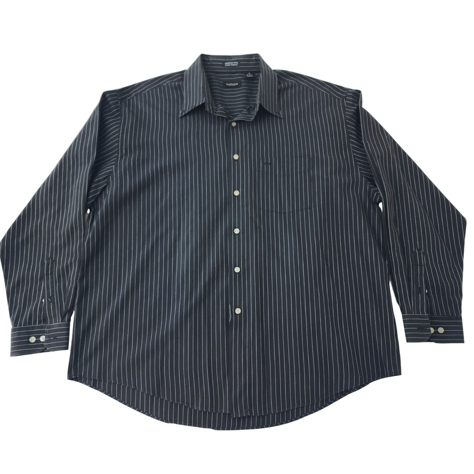 Van Heusen Mens XL Dress Shirt Black Pinstripe Wrinkle Free Stain Shield Long Sl