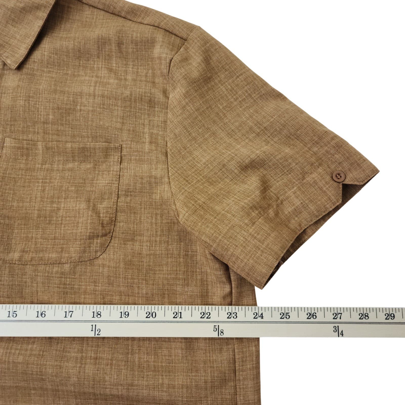 Mens XL Camel Brown Short Sleeve Button Down Shirt Slub Texture Pocket Casual - Thumbnail 3