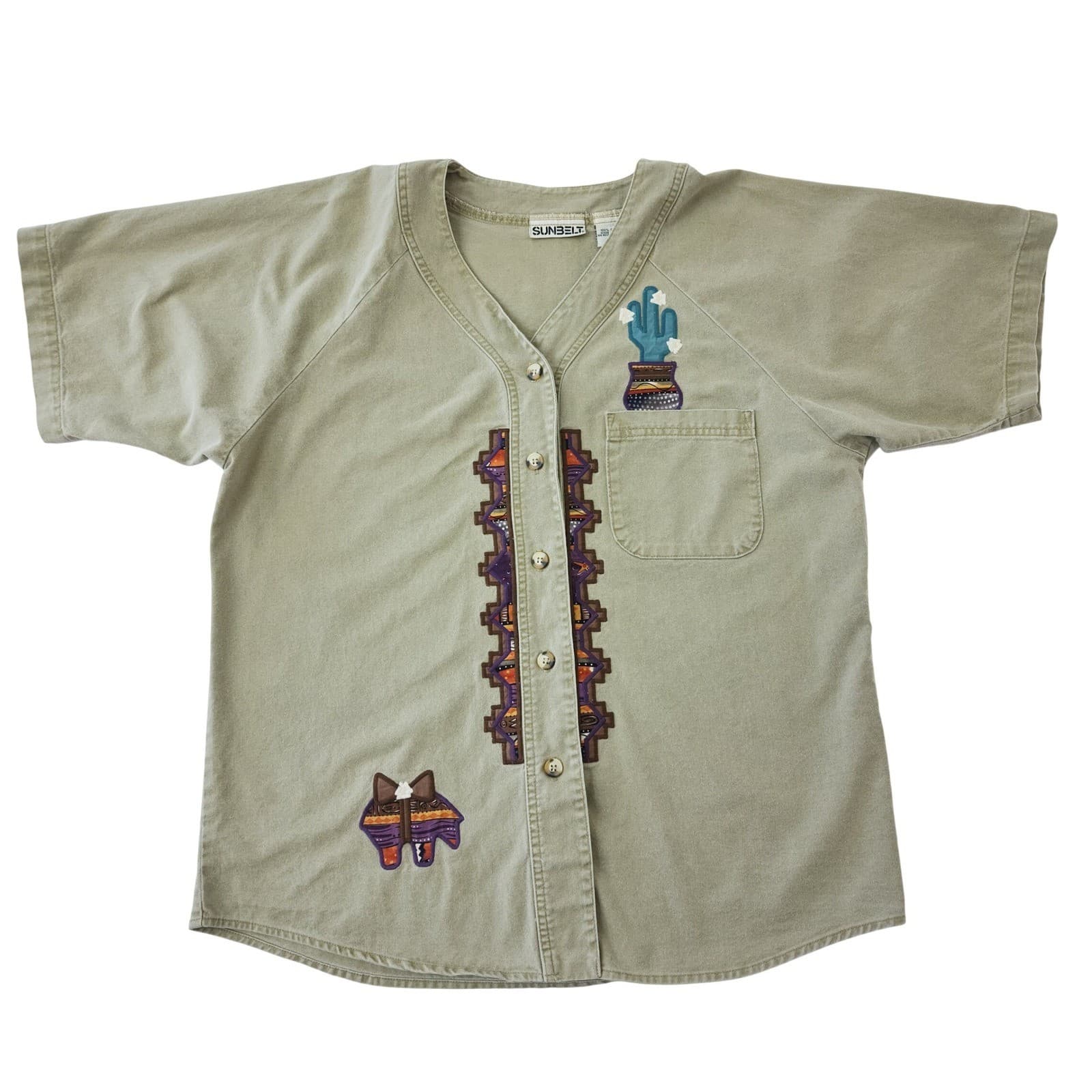 Vintage Sunbelt Southwest Cactus Embroidered Button Up Shirt Mens Medium Green