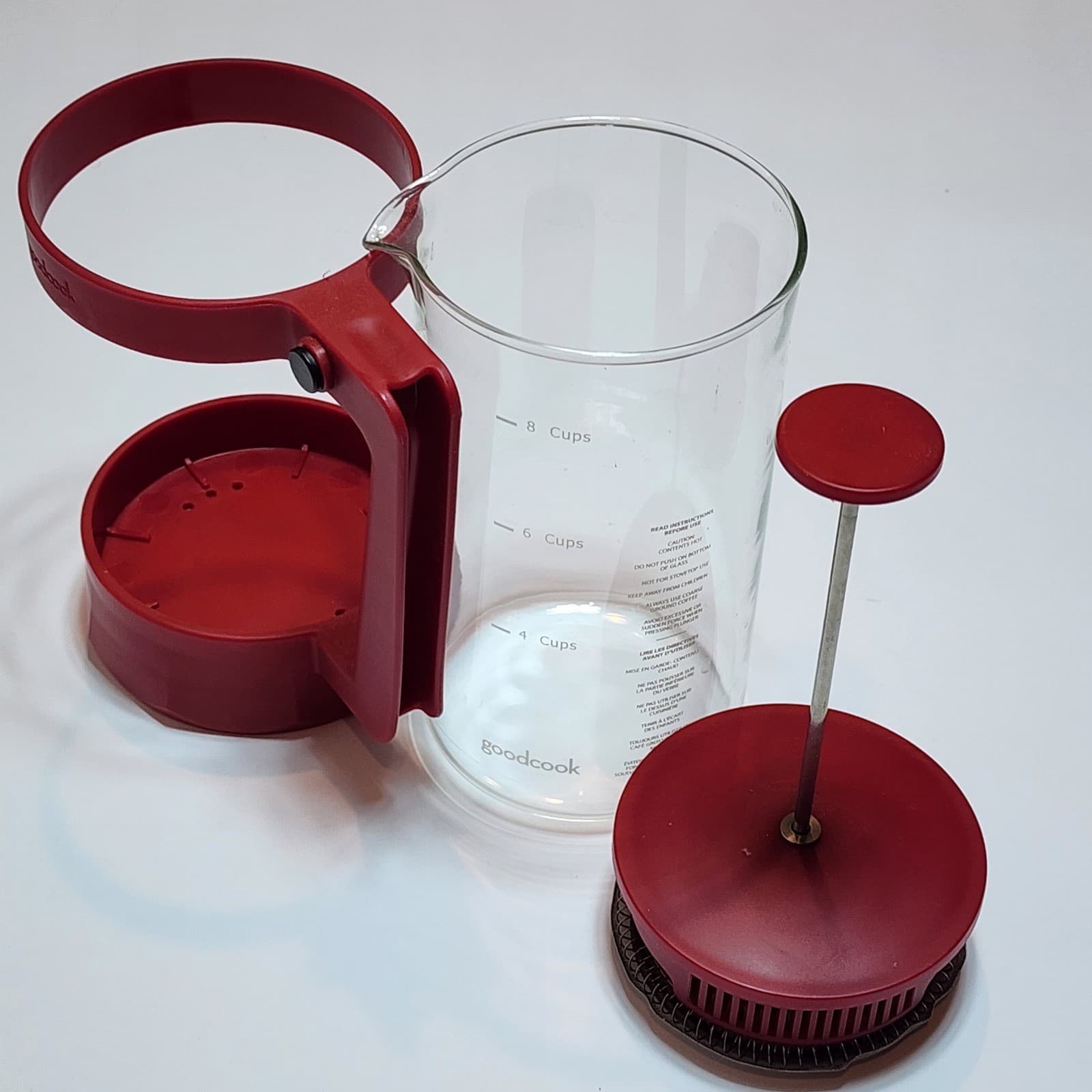 GoodCook French Press Coffee Maker 8 Cup Glass Carafe Red Frame Stainless Filter - Thumbnail 3