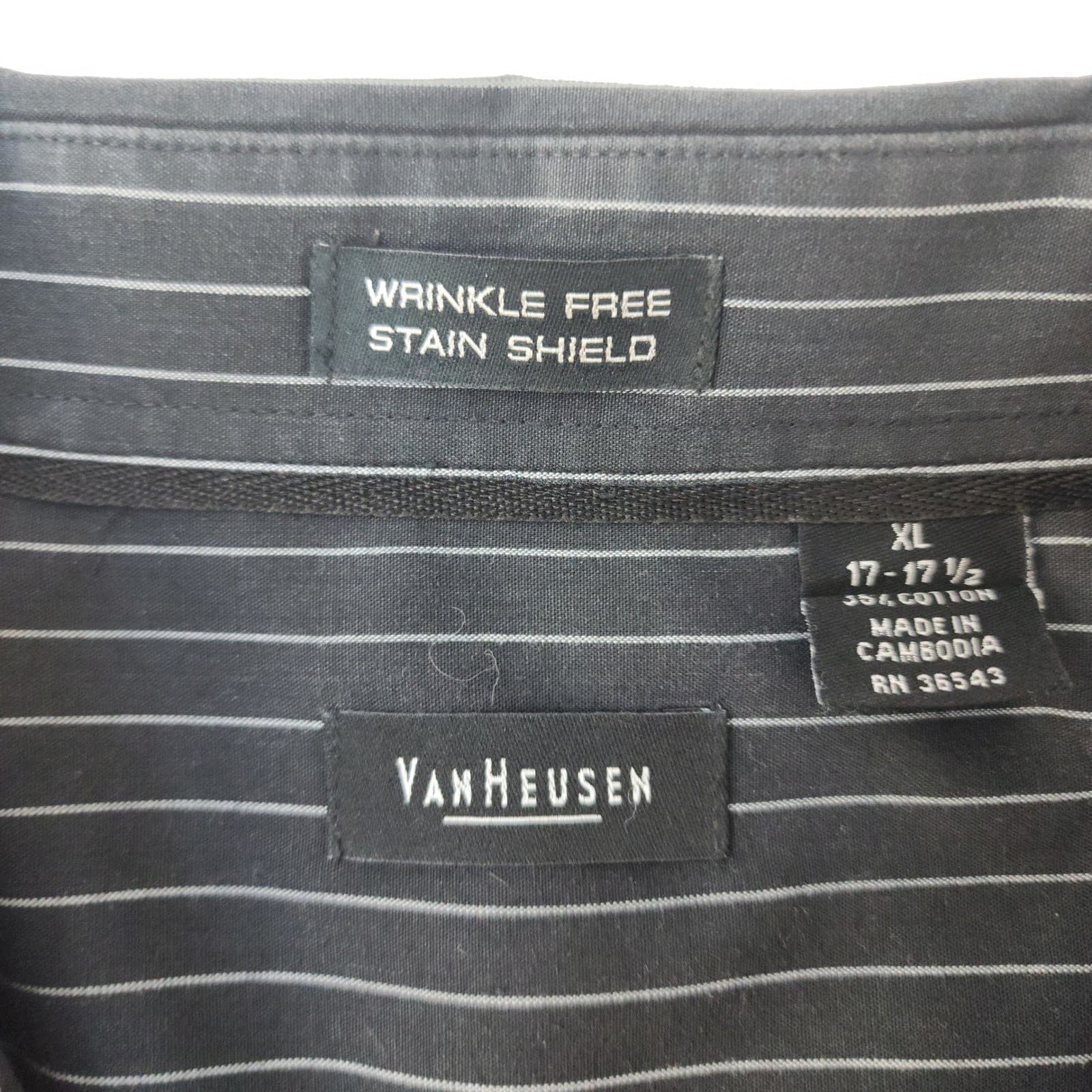 Van Heusen Mens XL Dress Shirt Black Pinstripe Wrinkle Free Stain Shield Long Sl - Thumbnail 2