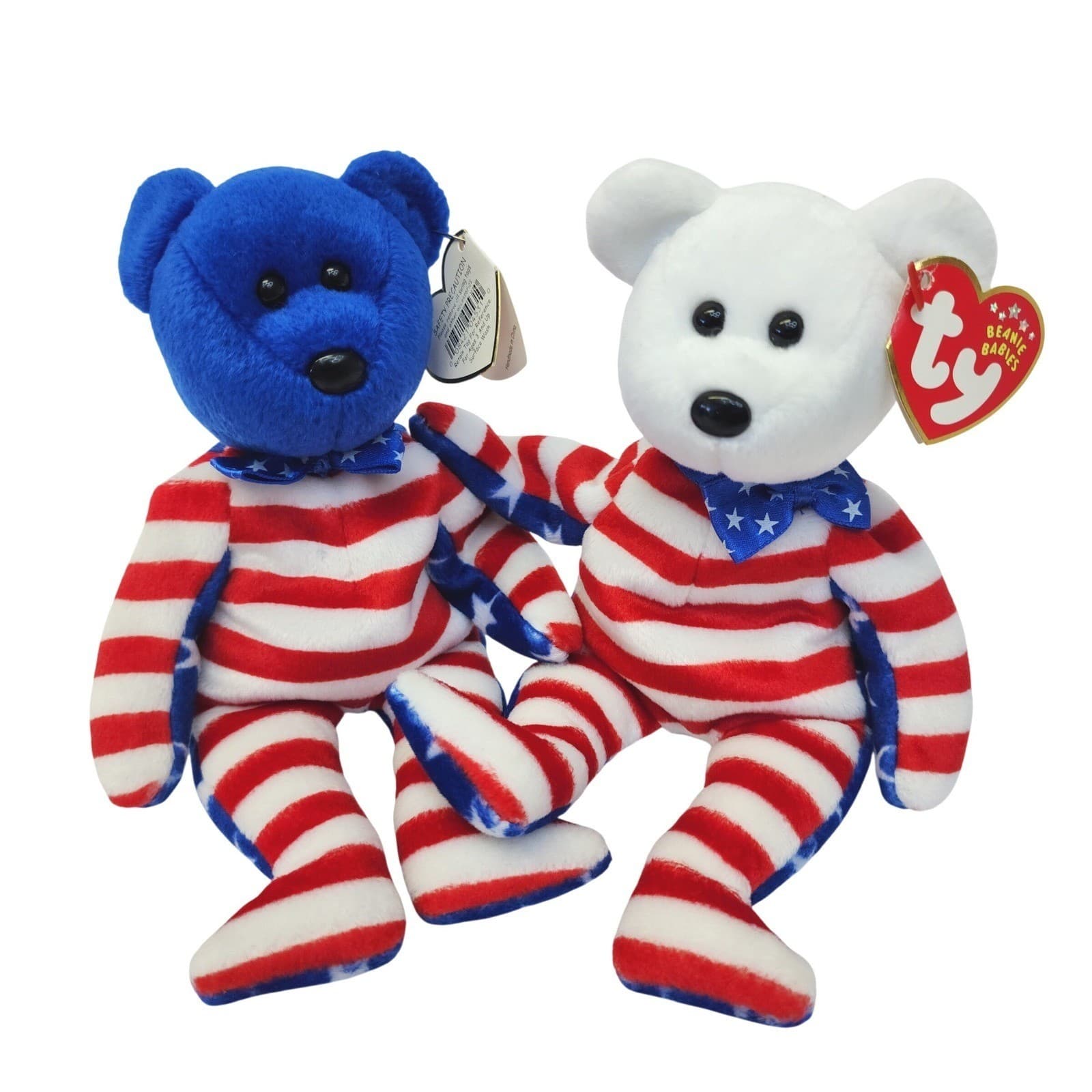 Ty Beanie Babies Liberty Bear Set of 2 Patriotic USA Flag Plush 2001 Blue White