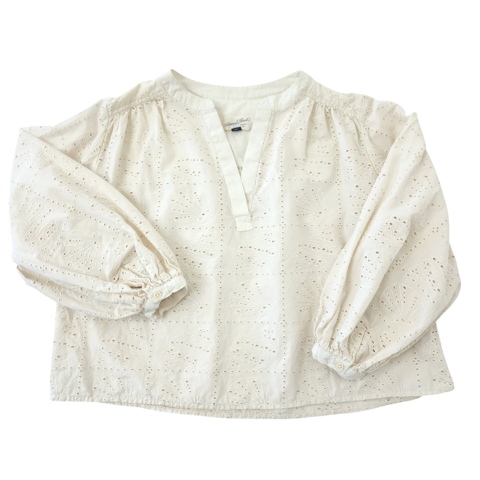 Universal Thread Cream Shell Eyelet Embroidered Split V-Neck Blouse XS Boho Top