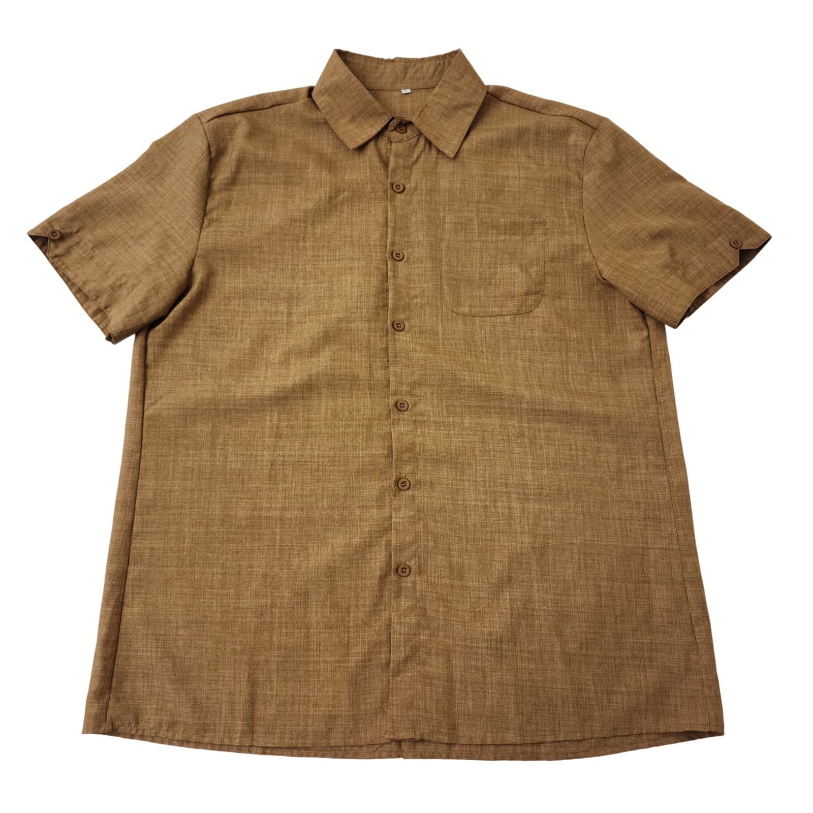 Mens XL Camel Brown Short Sleeve Button Down Shirt Slub Texture Pocket Casual
