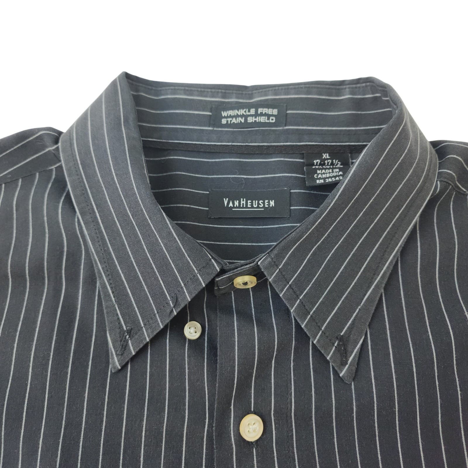 Van Heusen Mens XL Dress Shirt Black Pinstripe Wrinkle Free Stain Shield Long Sl - Thumbnail 4